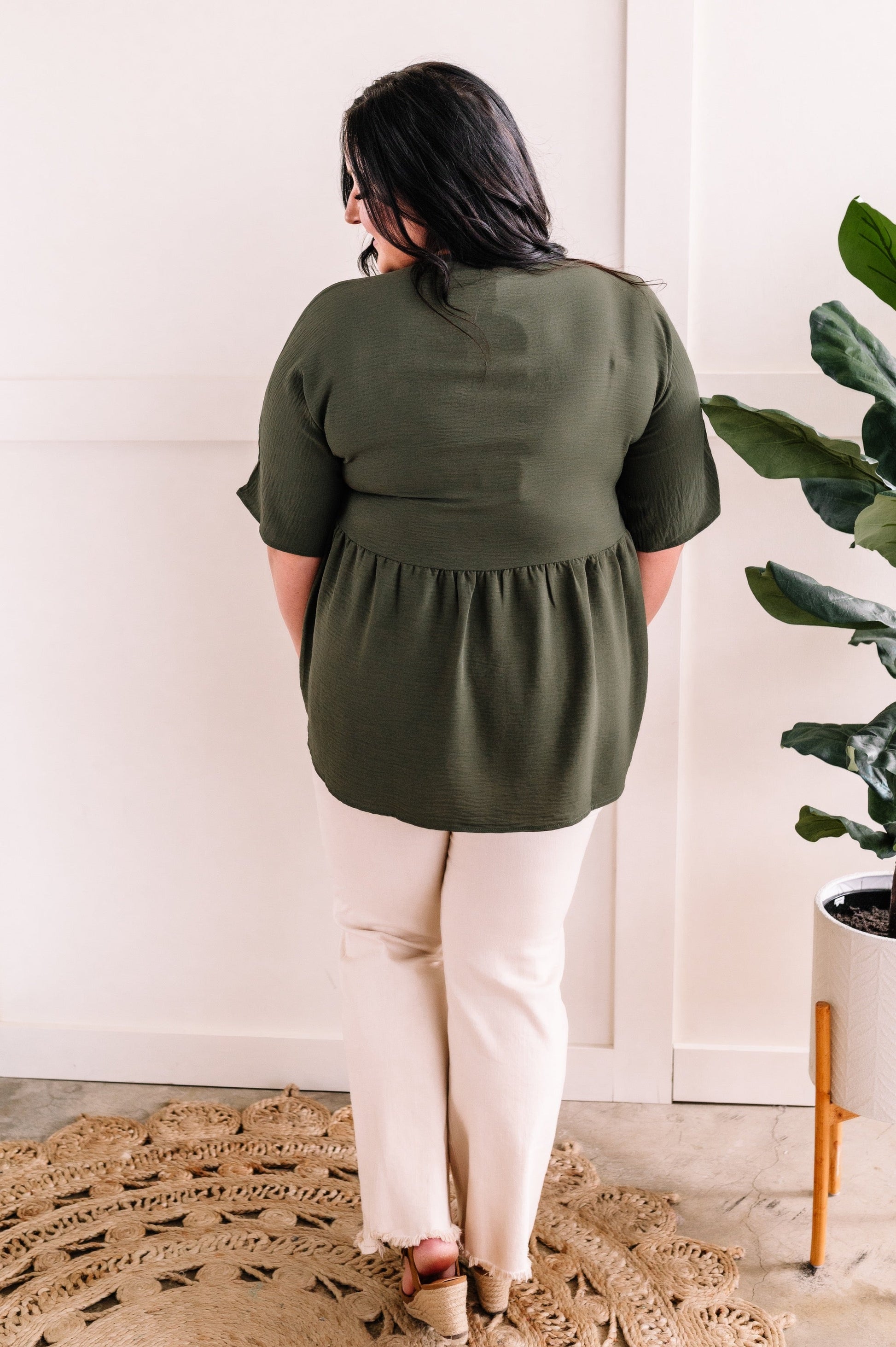 V Neck Babydoll Blouse In Olive by SidePony Boutique