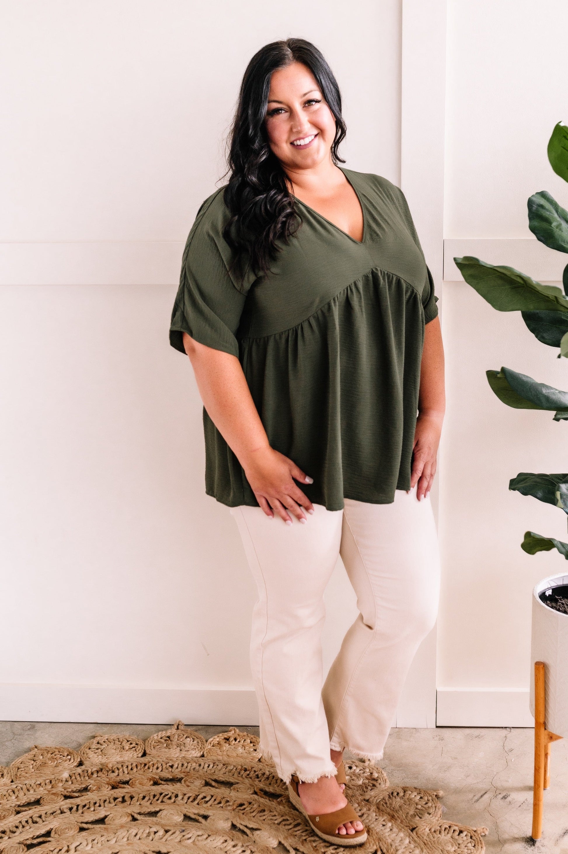 V Neck Babydoll Blouse In Olive by SidePony Boutique