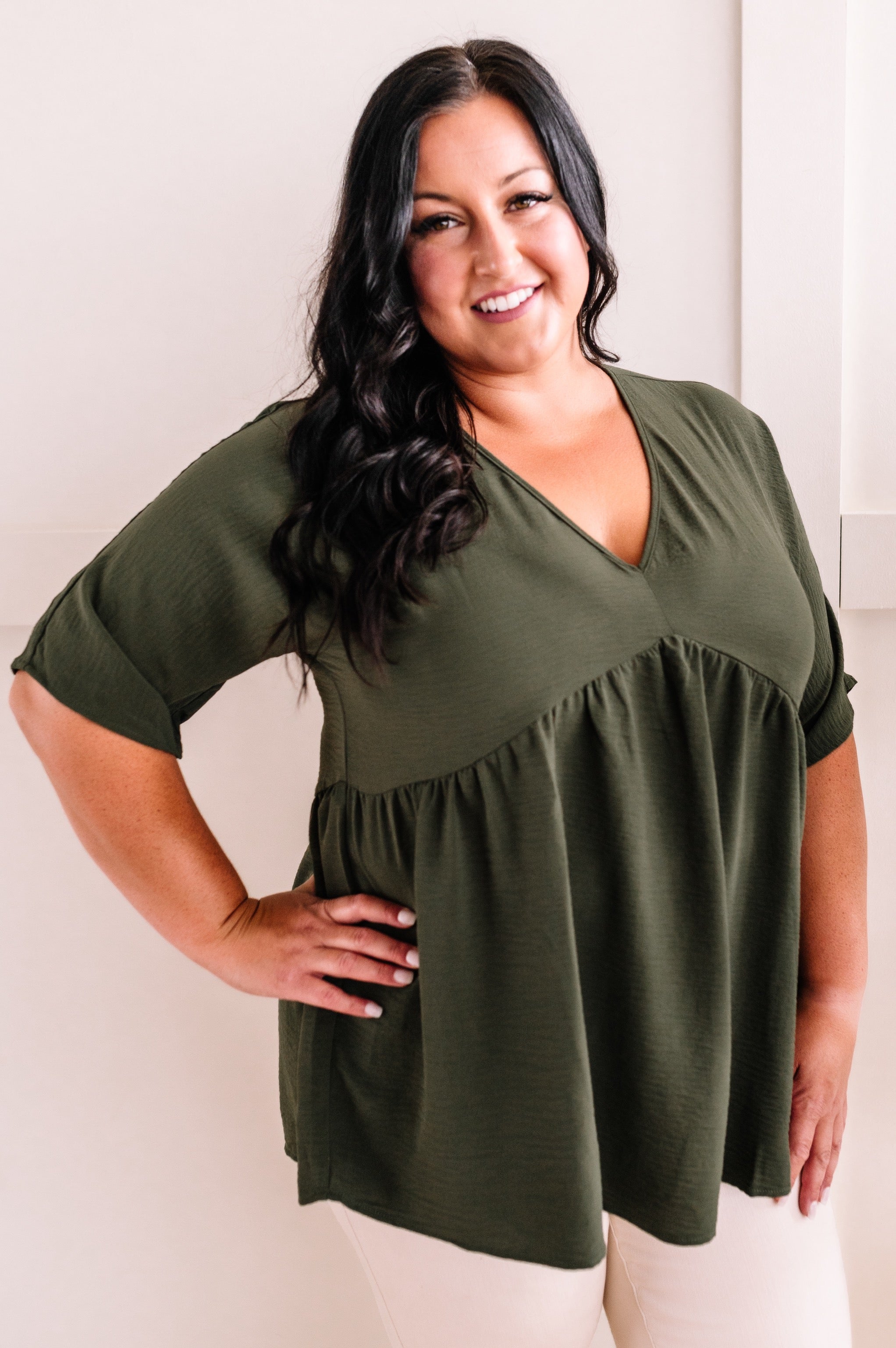 V Neck Babydoll Blouse In Olive by SidePony Boutique