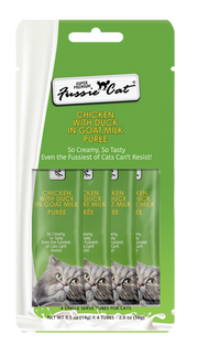 4pk Fussie Super Premium Cat  Chicken Duck In Goat Milk Puree Cat Treat .5oz