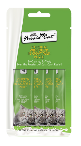 4pk Fussie Super Premium Cat  Chicken Duck In Goat Milk Puree Cat Treat .5oz