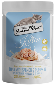 Fussie Cat Kitten Pouch, Tuna with Pumpkin in goat milk Mousse & Shreds 1.5 oz