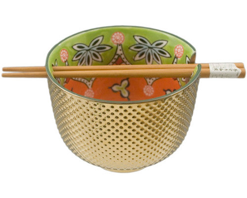 Bowl Gold and Green With Chopsticks by Homeportonline