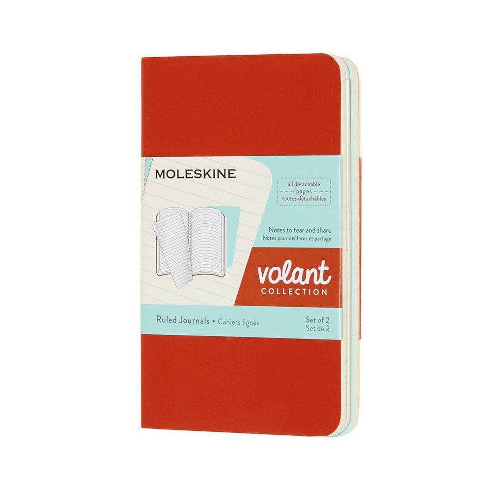 Moleskine Volant Ruled Pocket Journals XS 2.5"x4.25" 2‑Pack Coral and Aquamarine