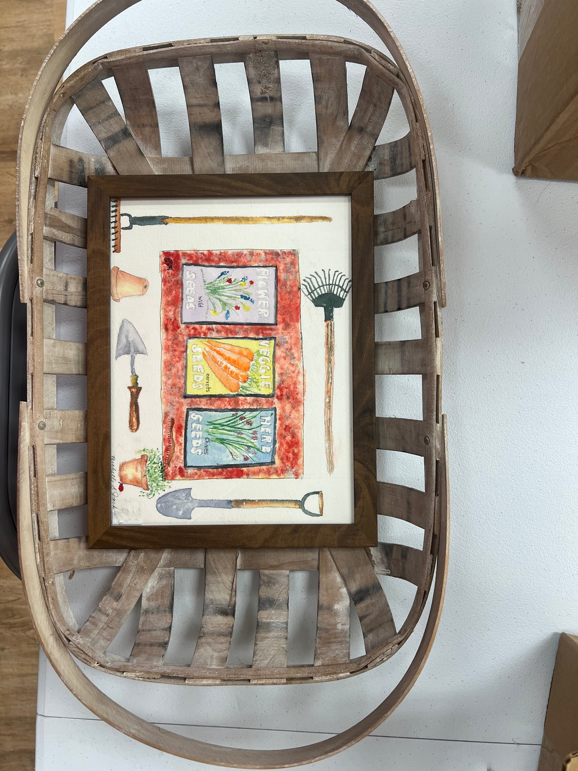 Gardening Basket Framed Original Watercolor by SidePony Boutique