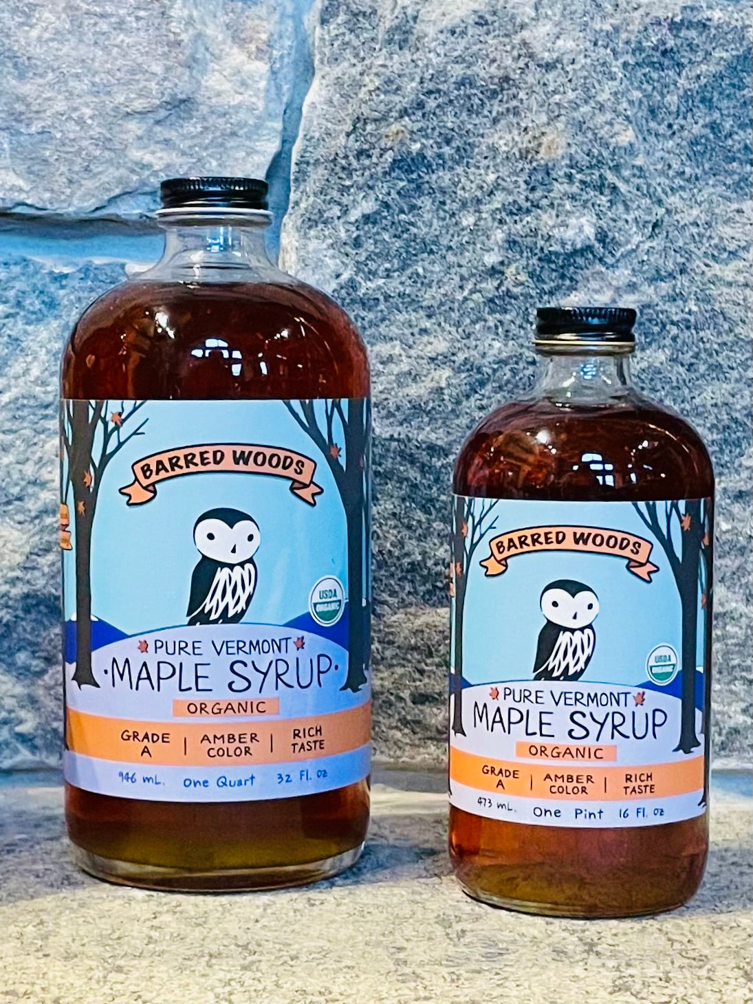 Pint Glass Bottle of Pure Organic Vermont Maple Syrup - 16 oz by Barred Woods Maple