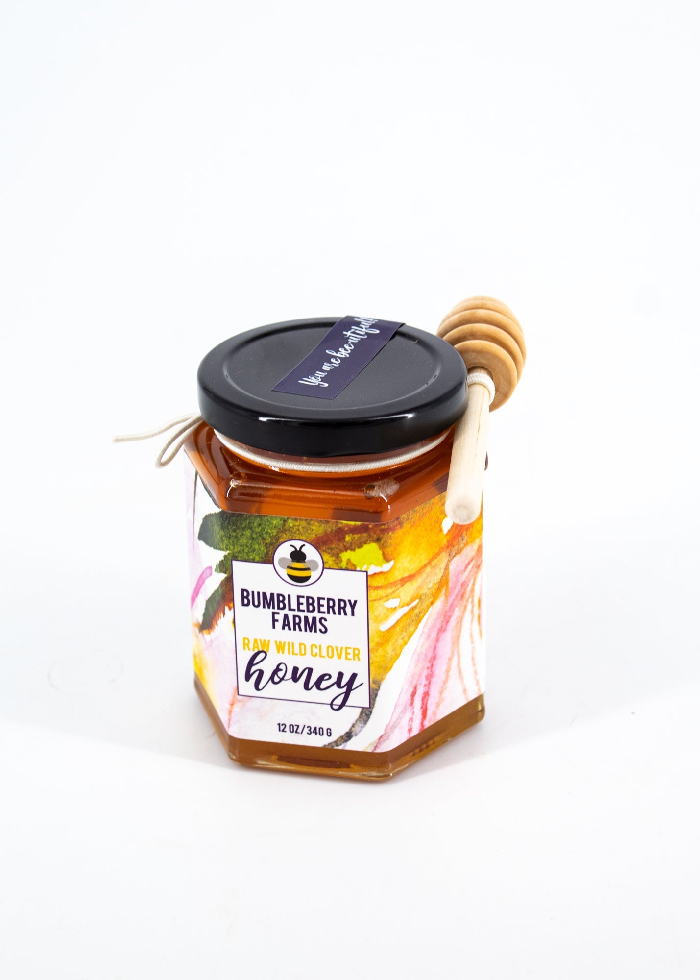 Raw Floral Clover Honey Jar with Dipping Wand