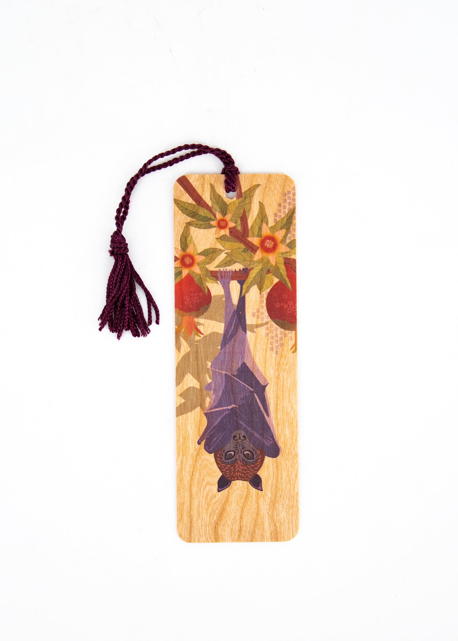 Fruit Bat and Pomegranate Wood Bookmark with Tassel