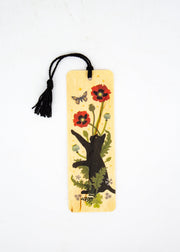 Black Cat and Poppies Wood Bookmark with Tassel