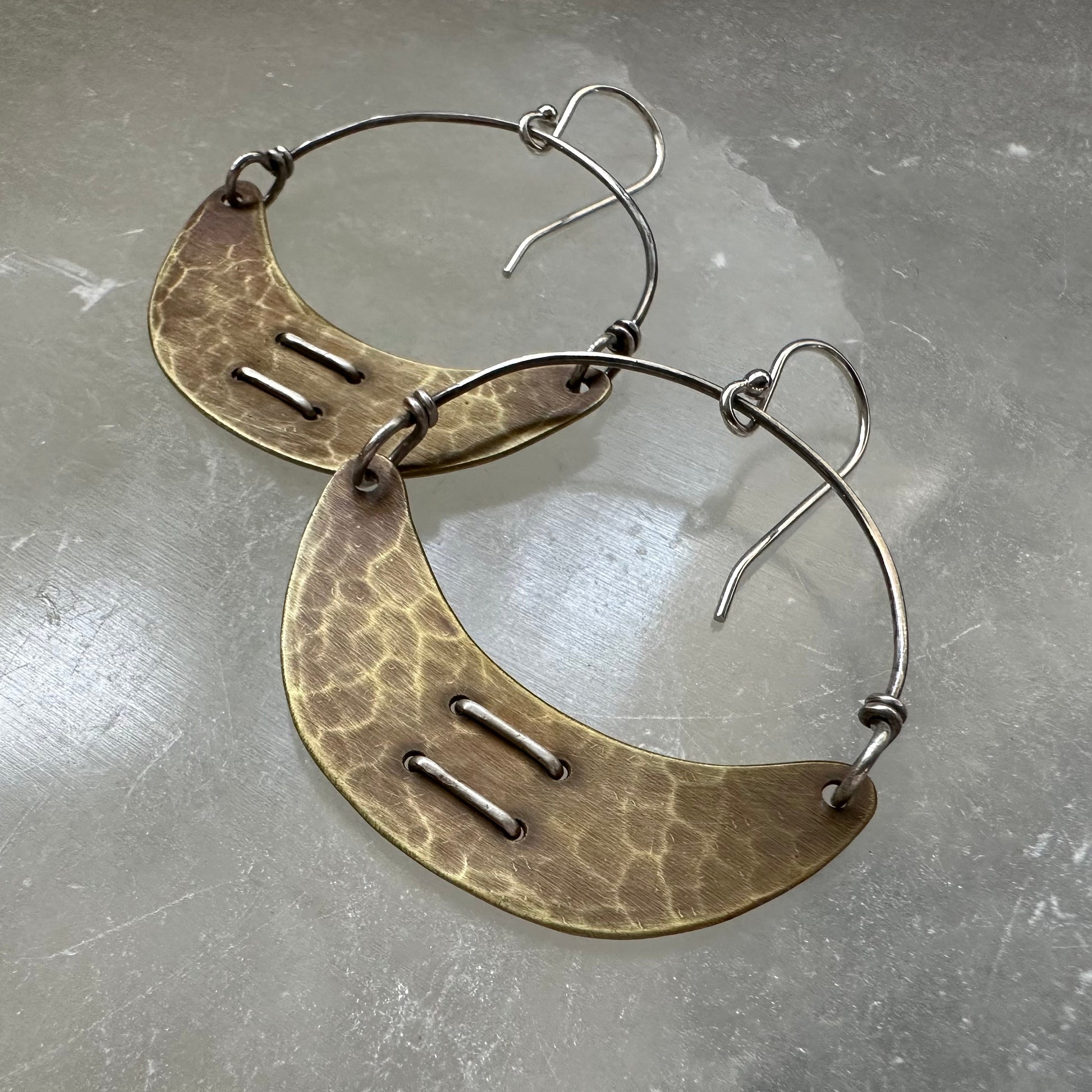 Stitched Brass Crescent Earrings by jenkahnjewelry