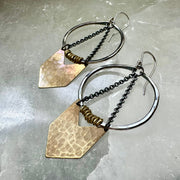 Silver Warrior Earrings with Brass Chevron by jenkahnjewelry