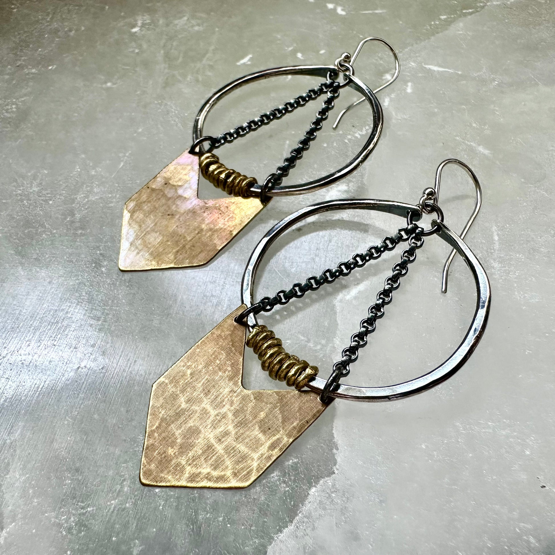 Silver Warrior Earrings with Brass Chevron by jenkahnjewelry