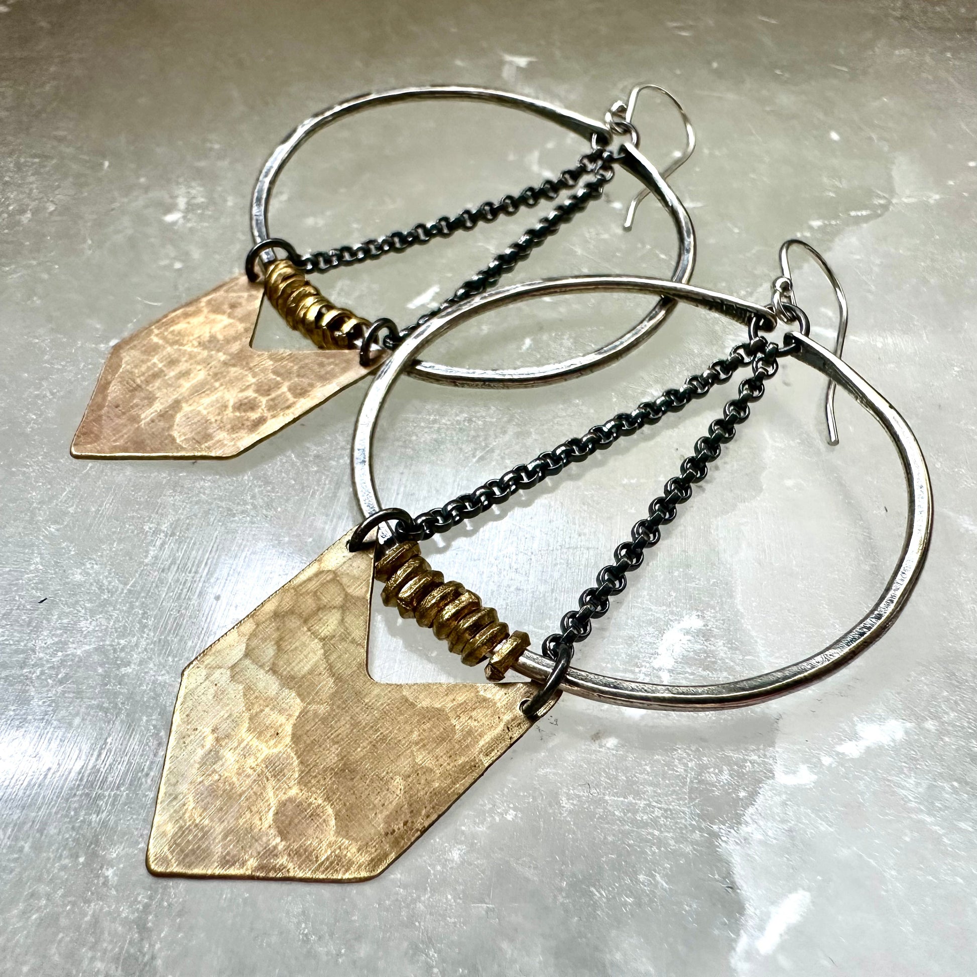 Silver Warrior Earrings with Brass Chevron by jenkahnjewelry