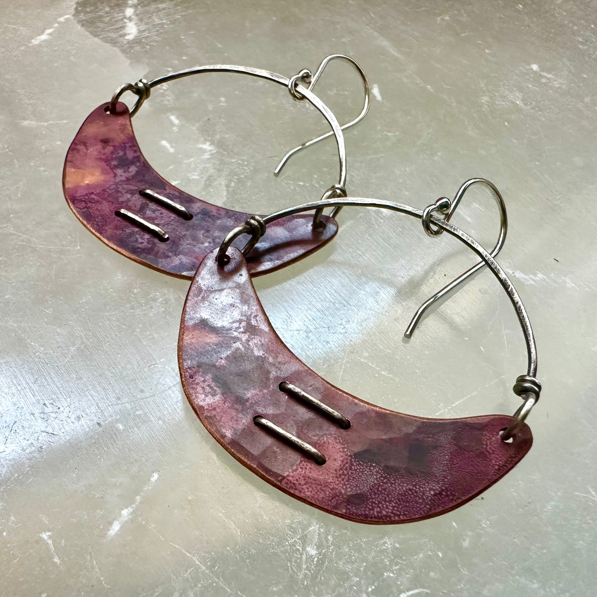 Stitched Copper Crescent Earrings by jenkahnjewelry