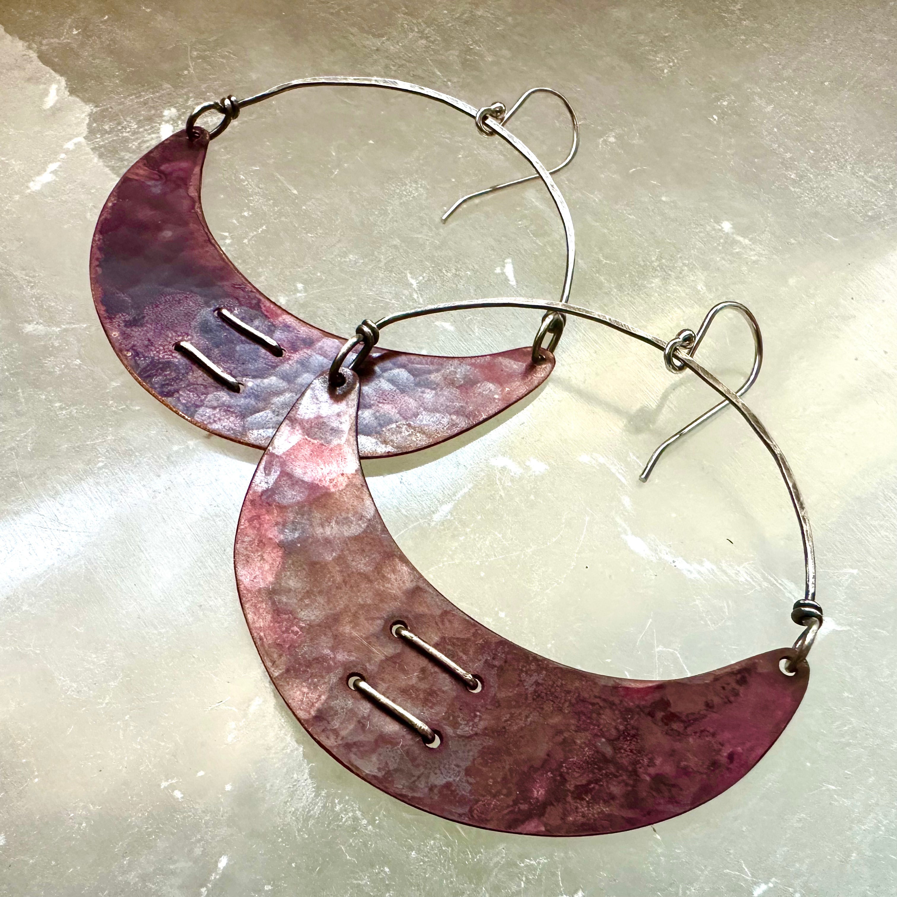 Stitched Copper Crescent Earrings by jenkahnjewelry