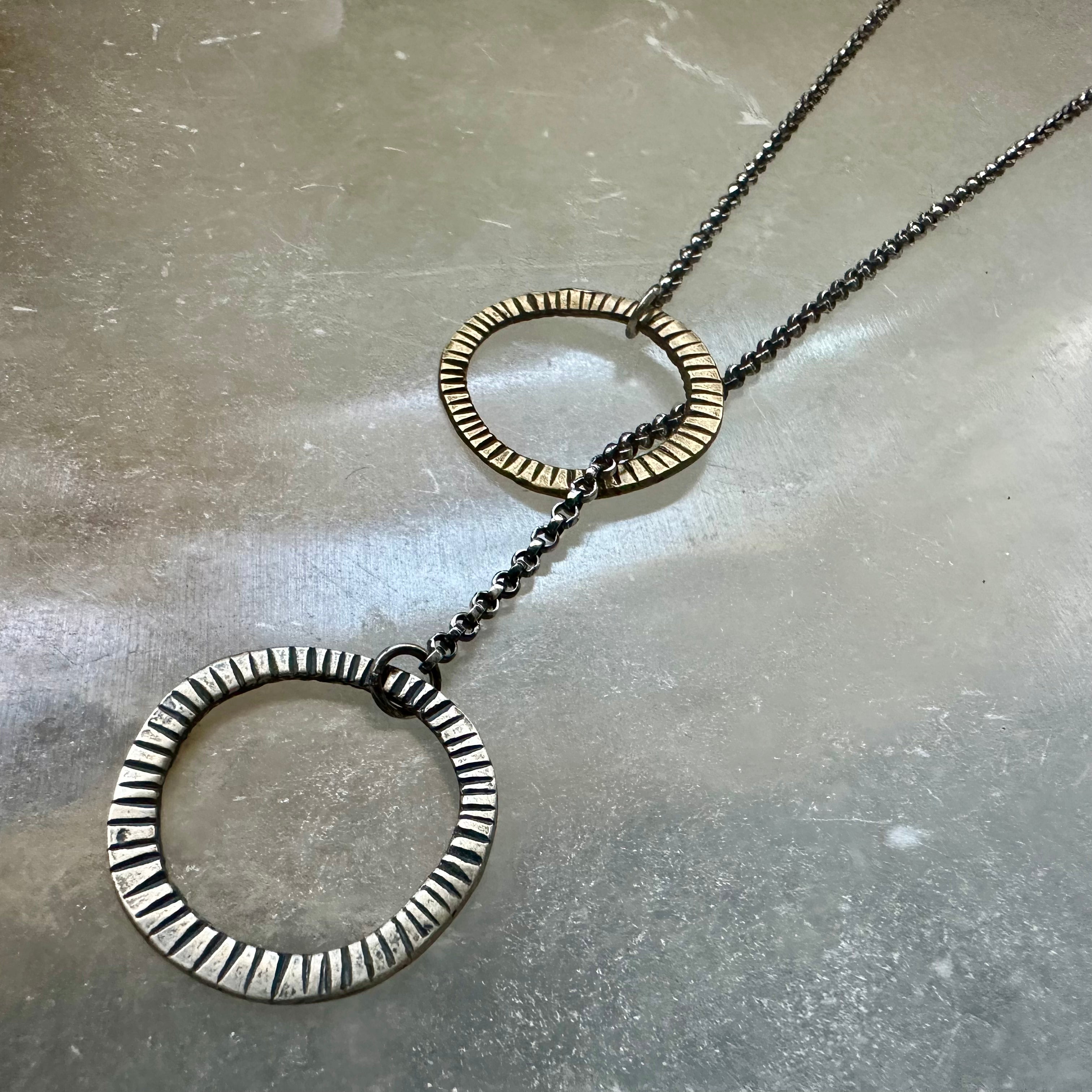 Carved Brass and Silver Lariat Necklace by jenkahnjewelry