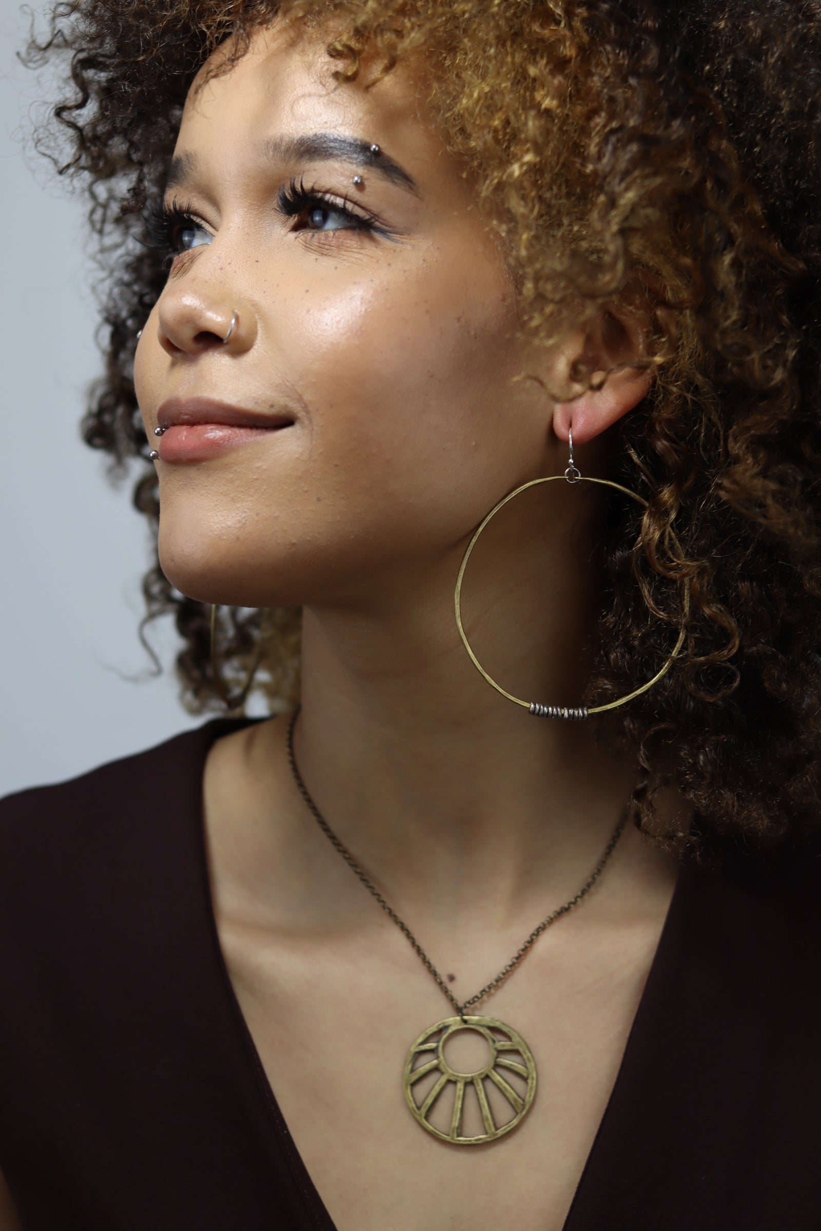 Brass Hoop Earrings with Silver Heishi