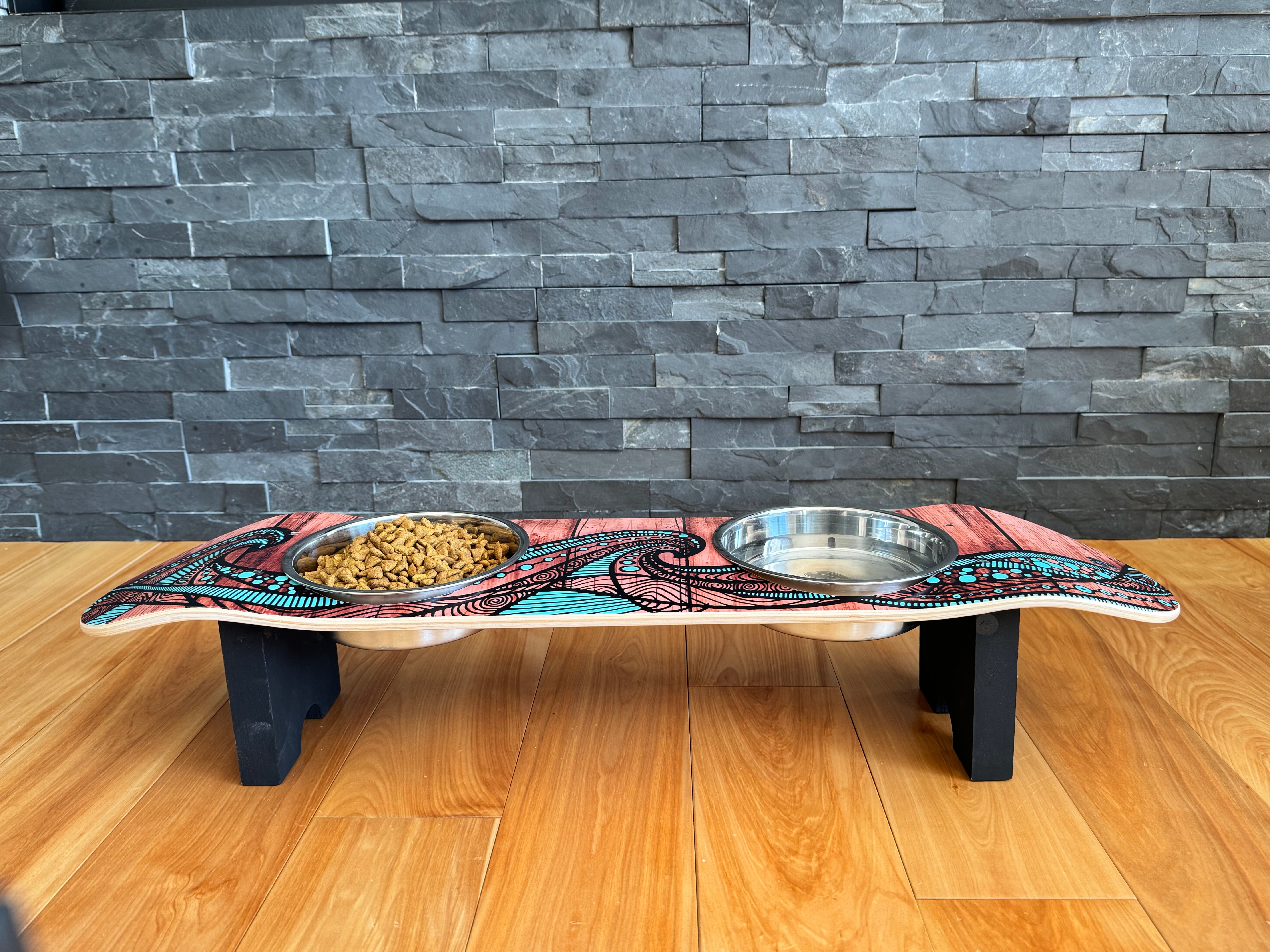 Island Time - Elevated Skateboard Dog Feeding Stand with 2 Bowls