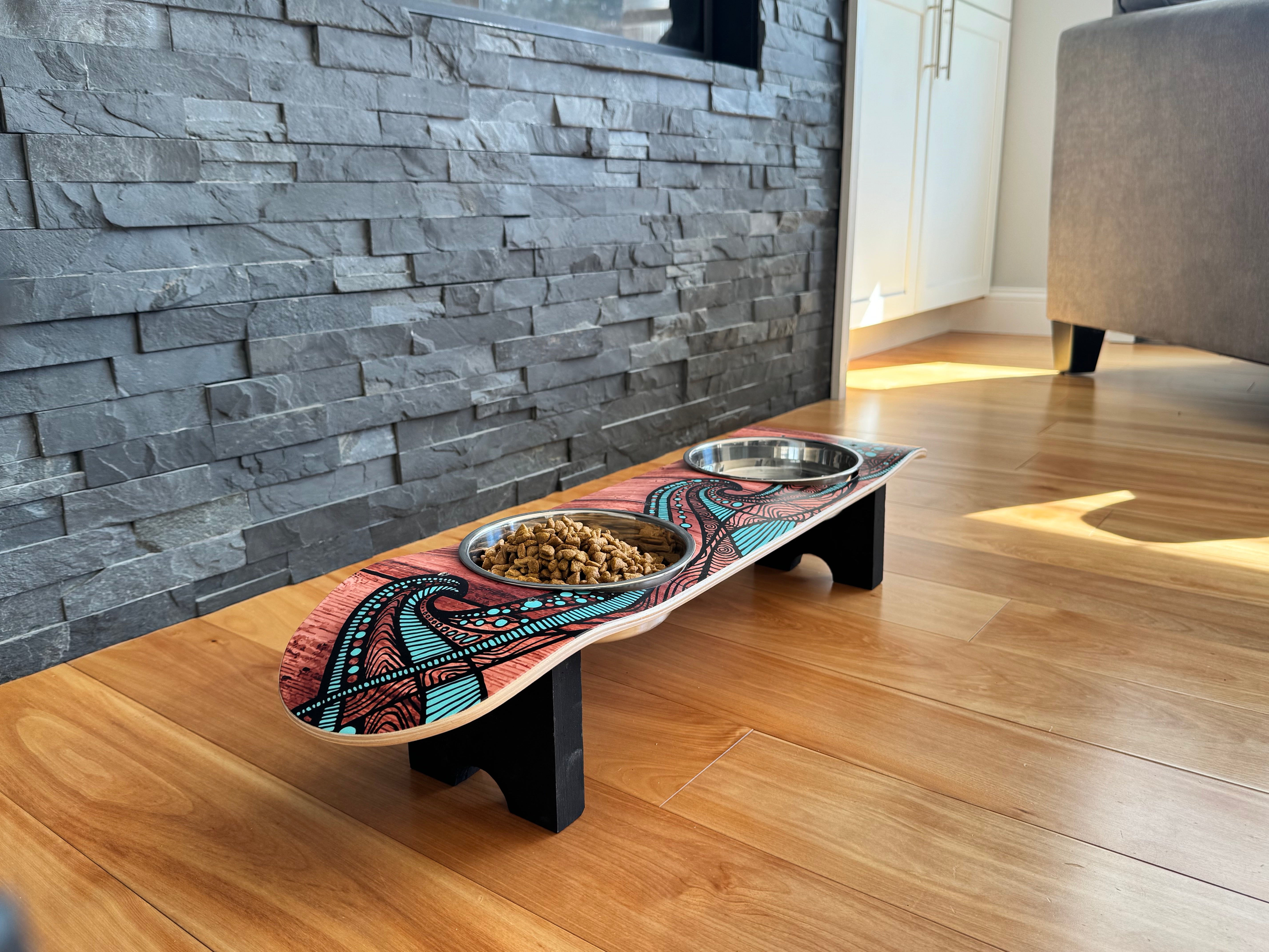 Island Time - Elevated Skateboard Dog Feeding Stand with 2 Bowls