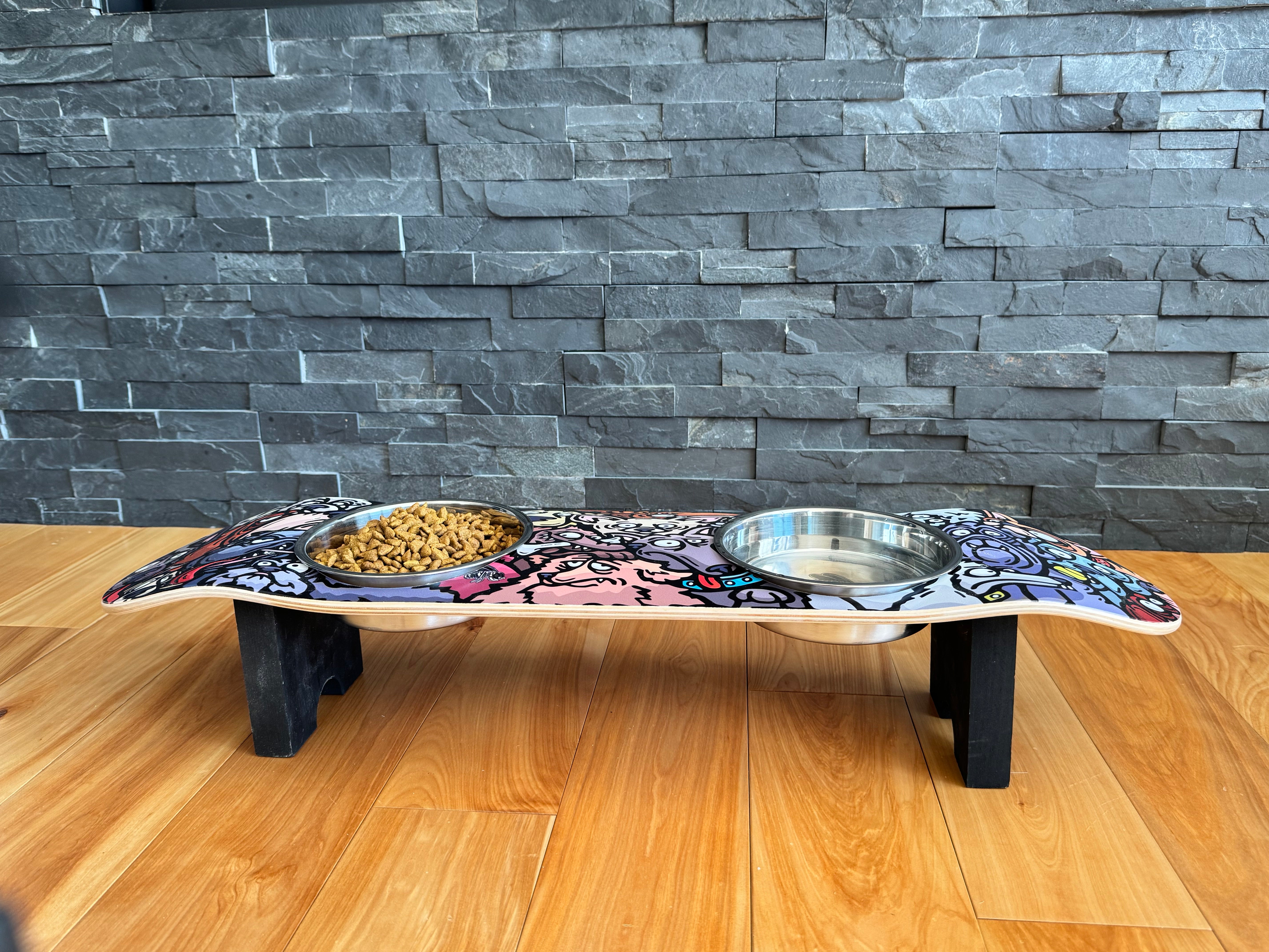Doggy Pack - Elevated Skateboard Dog Feeding Stand with 2 Bowls