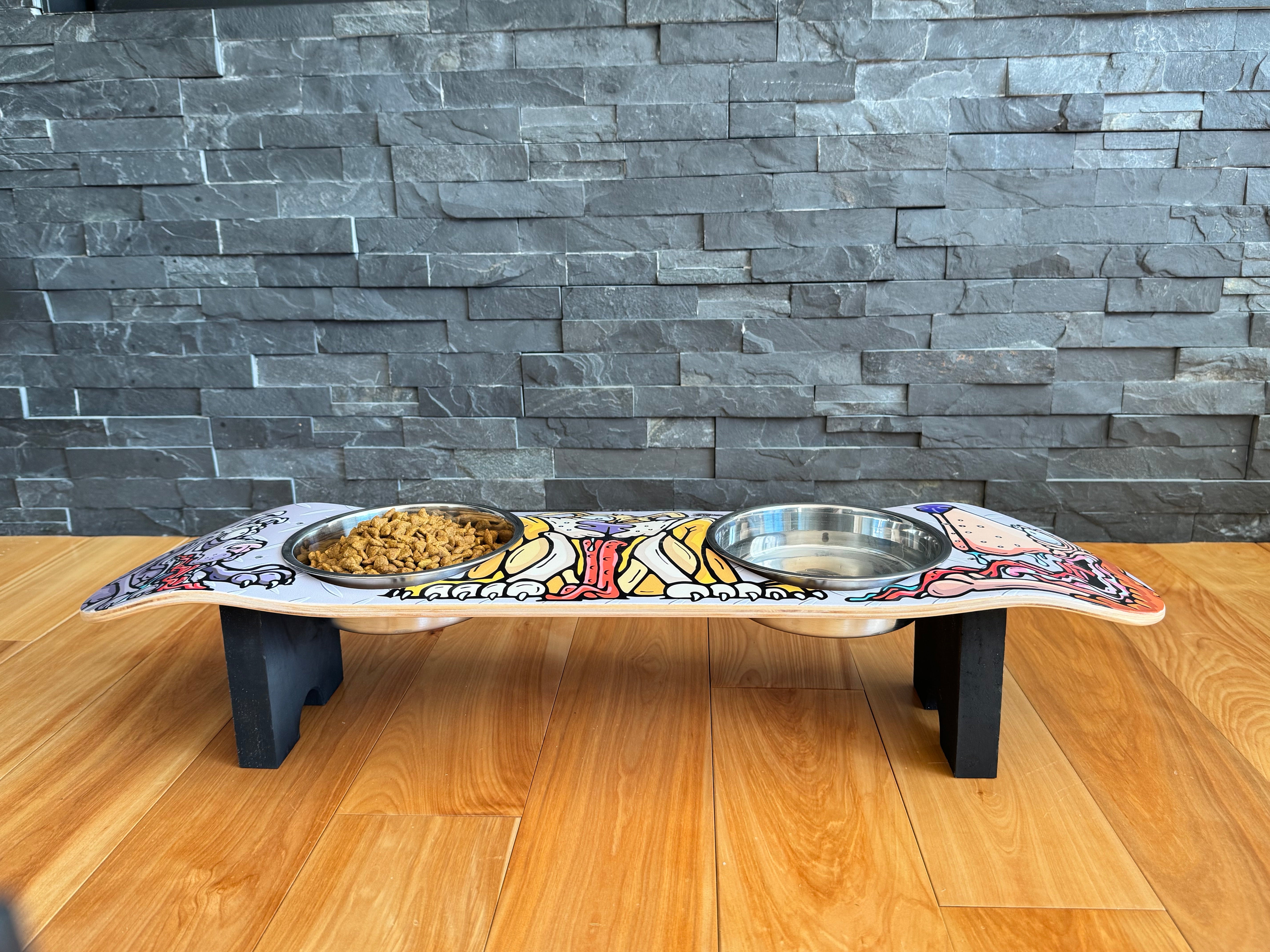 Fly Doggy - Elevated Skateboard Dog Feeding Stand with 2 Bowls