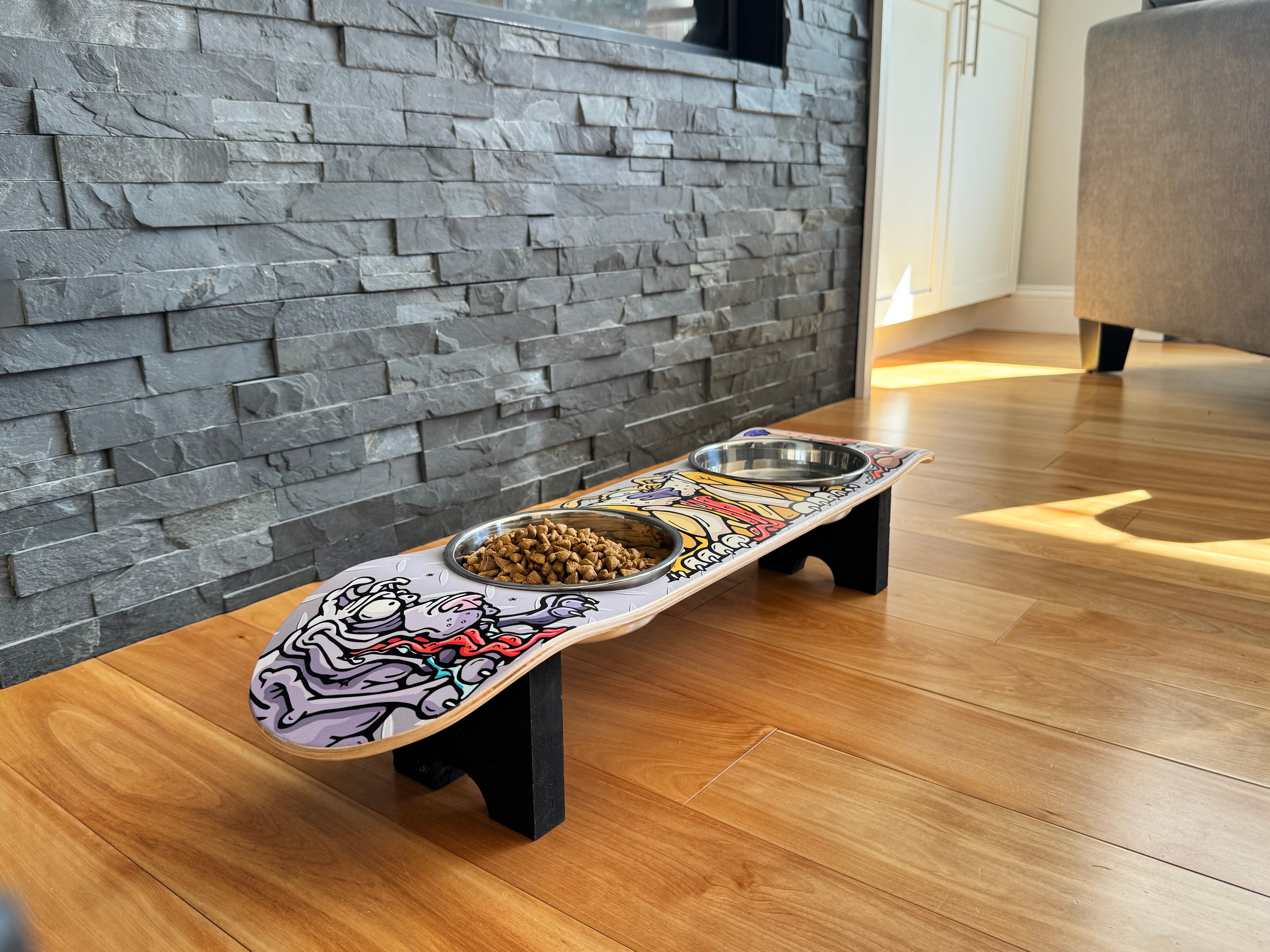 Fly Doggy - Elevated Skateboard Dog Feeding Stand with 2 Bowls
