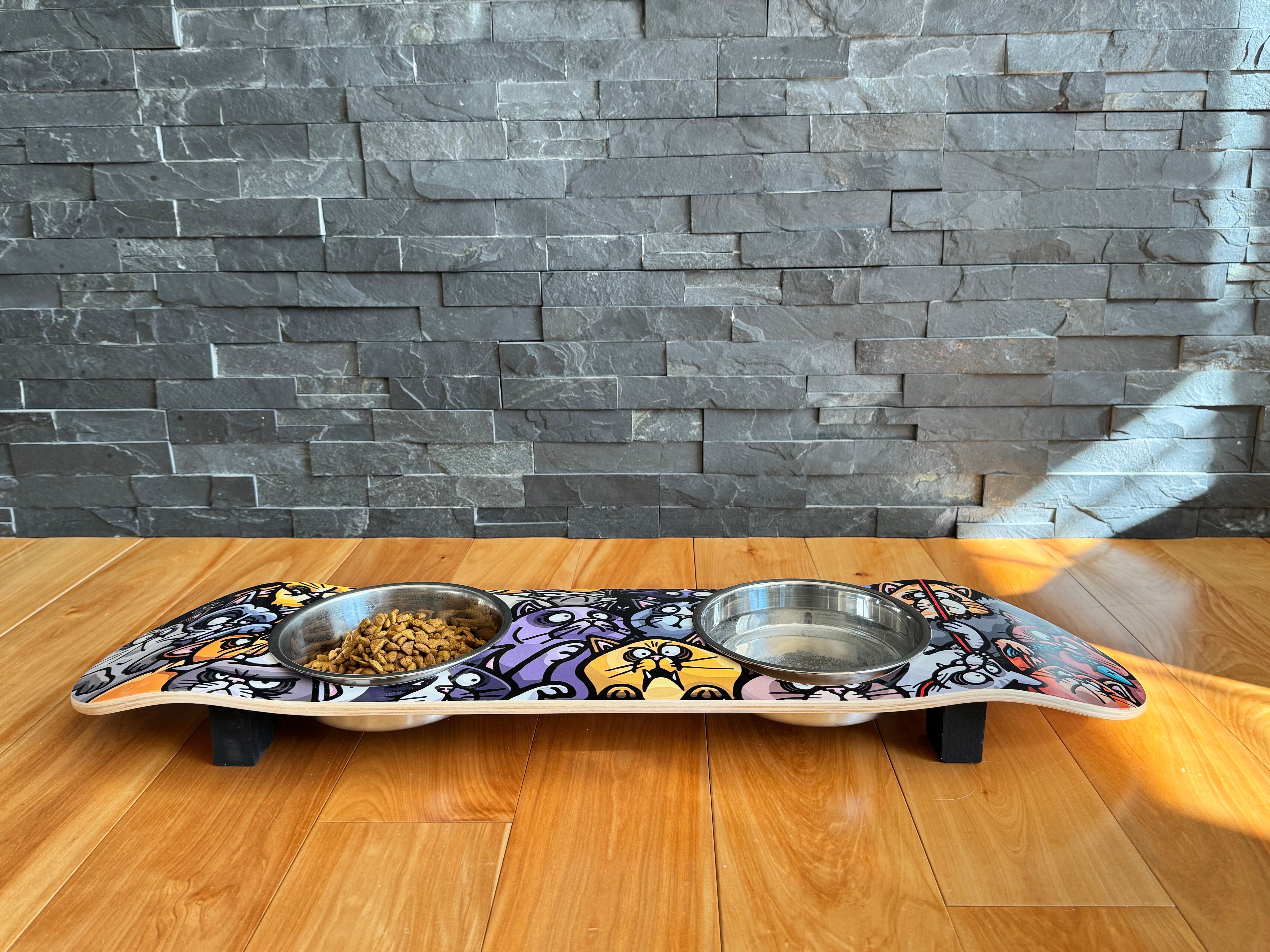 Cat Posse - Elevated Skateboard Cat Feeding Stand with 2 Bowls