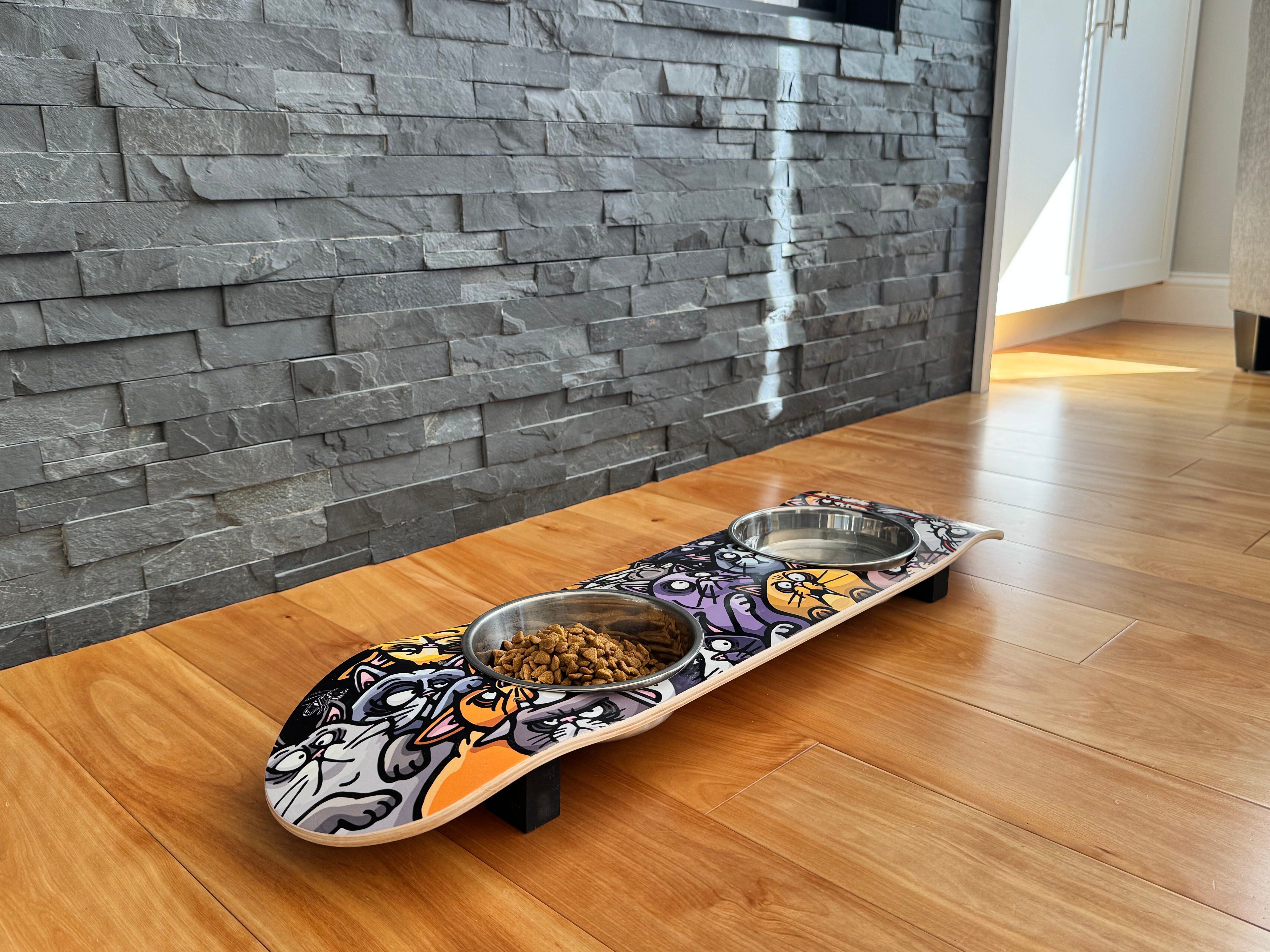 Cat Posse - Elevated Skateboard Cat Feeding Stand with 2 Bowls