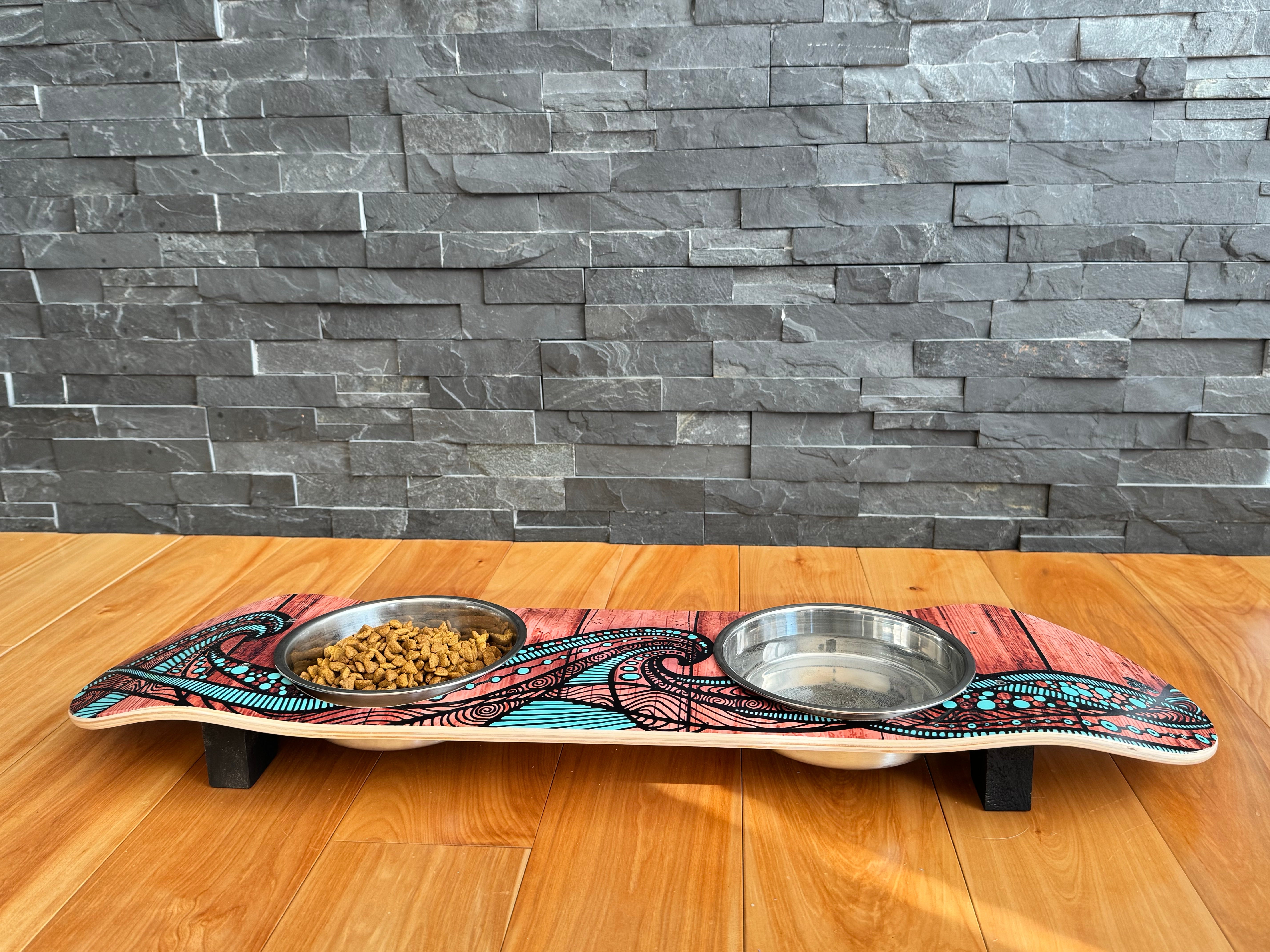 Island Time - Elevated Skateboard Cat Feeding Stand with 2 Bowls