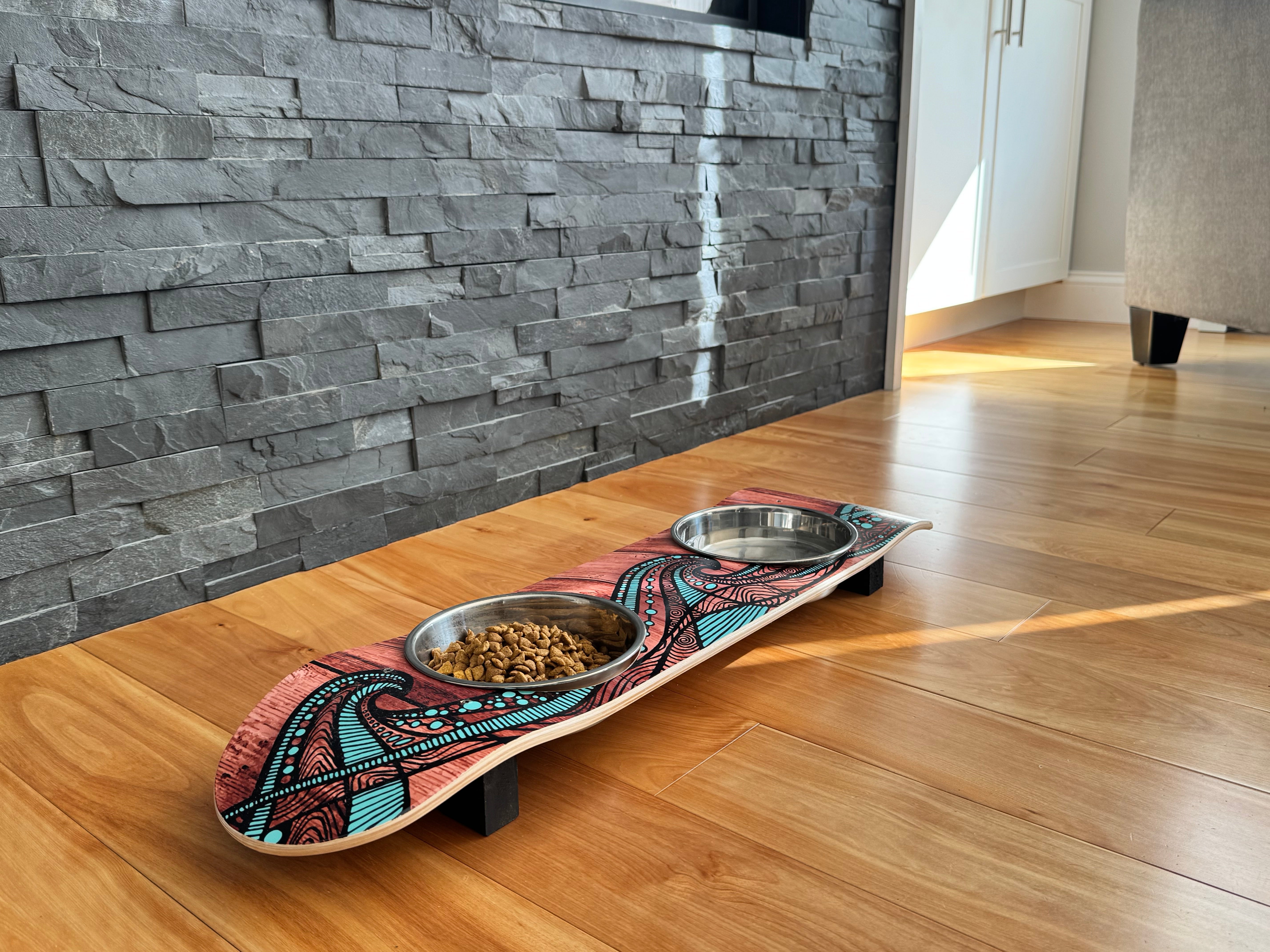 Island Time - Elevated Skateboard Cat Feeding Stand with 2 Bowls