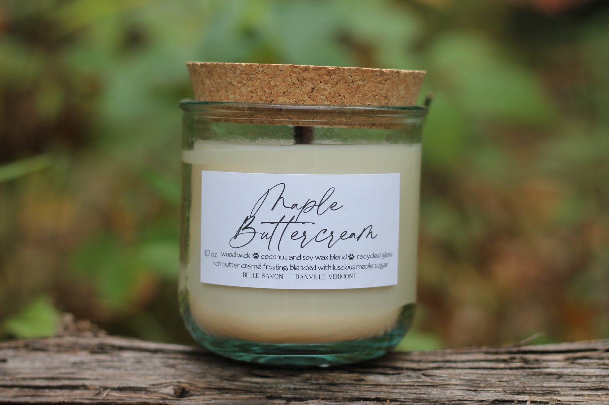 Wooden Wick 10oz Candle, 100% Recycled Glass by Belle Savon Vermont