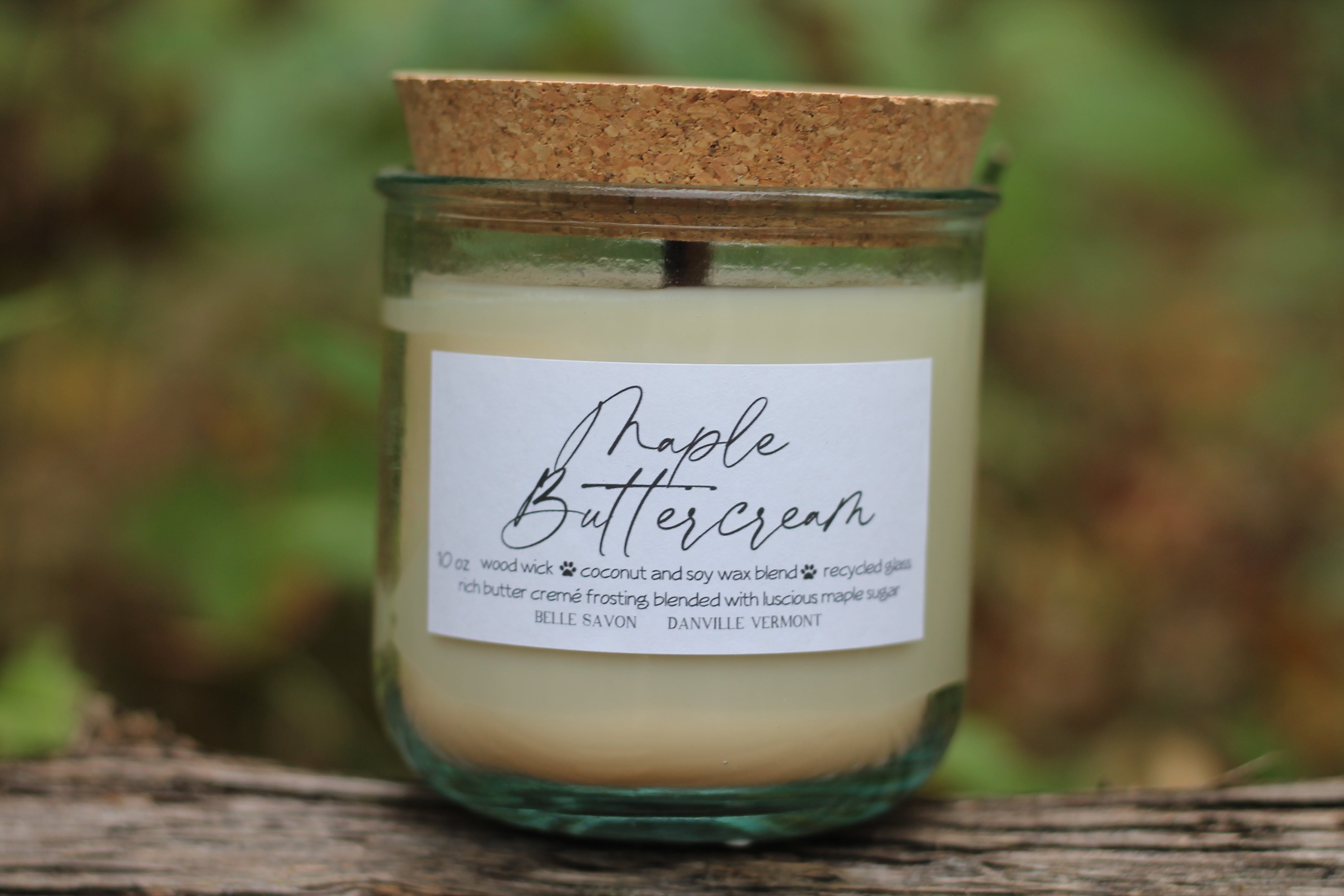 Wooden Wick 10oz Candle, 100% Recycled Glass by Belle Savon Vermont