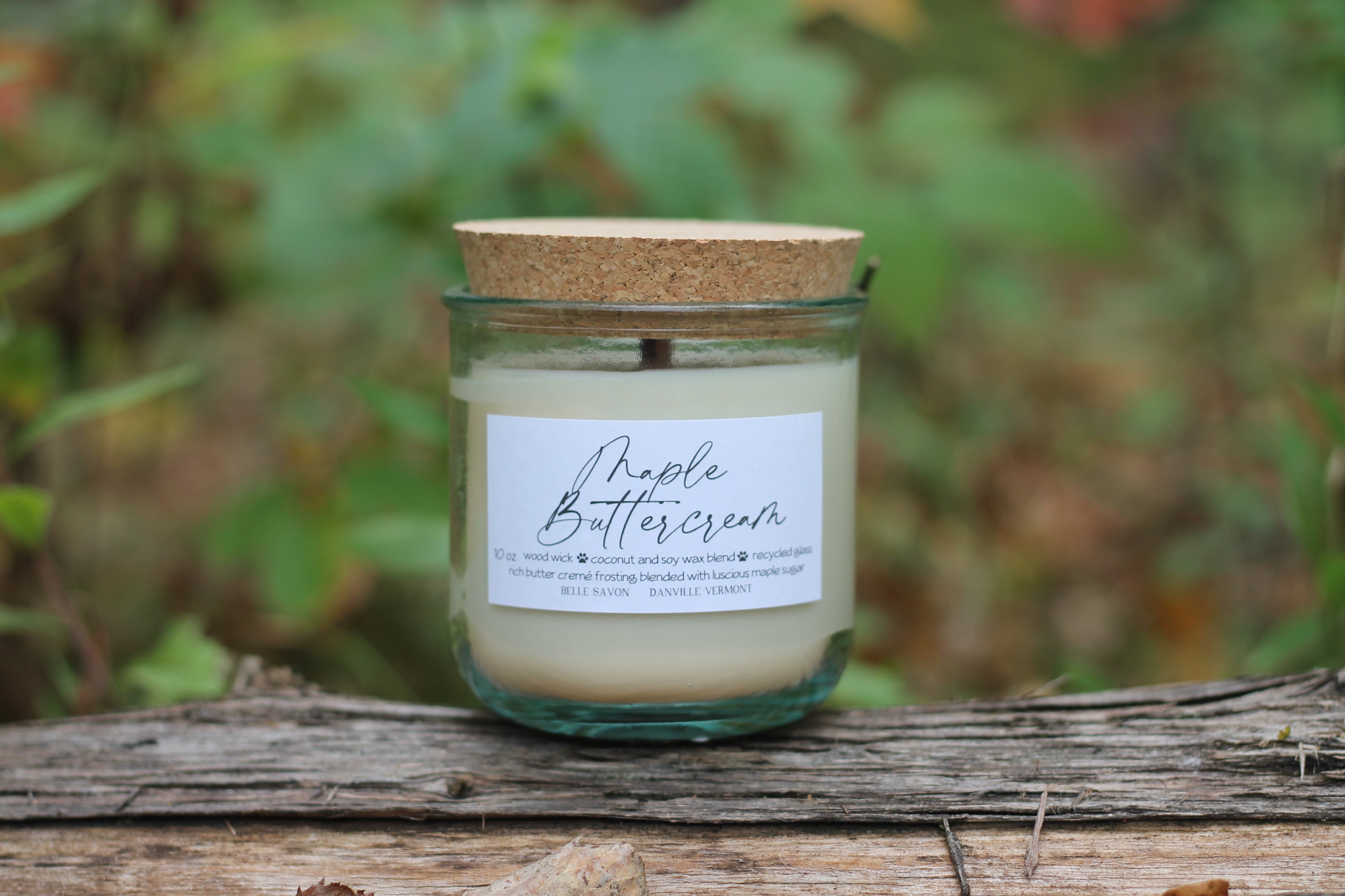 Wooden Wick 10oz Candle, 100% Recycled Glass by Belle Savon Vermont
