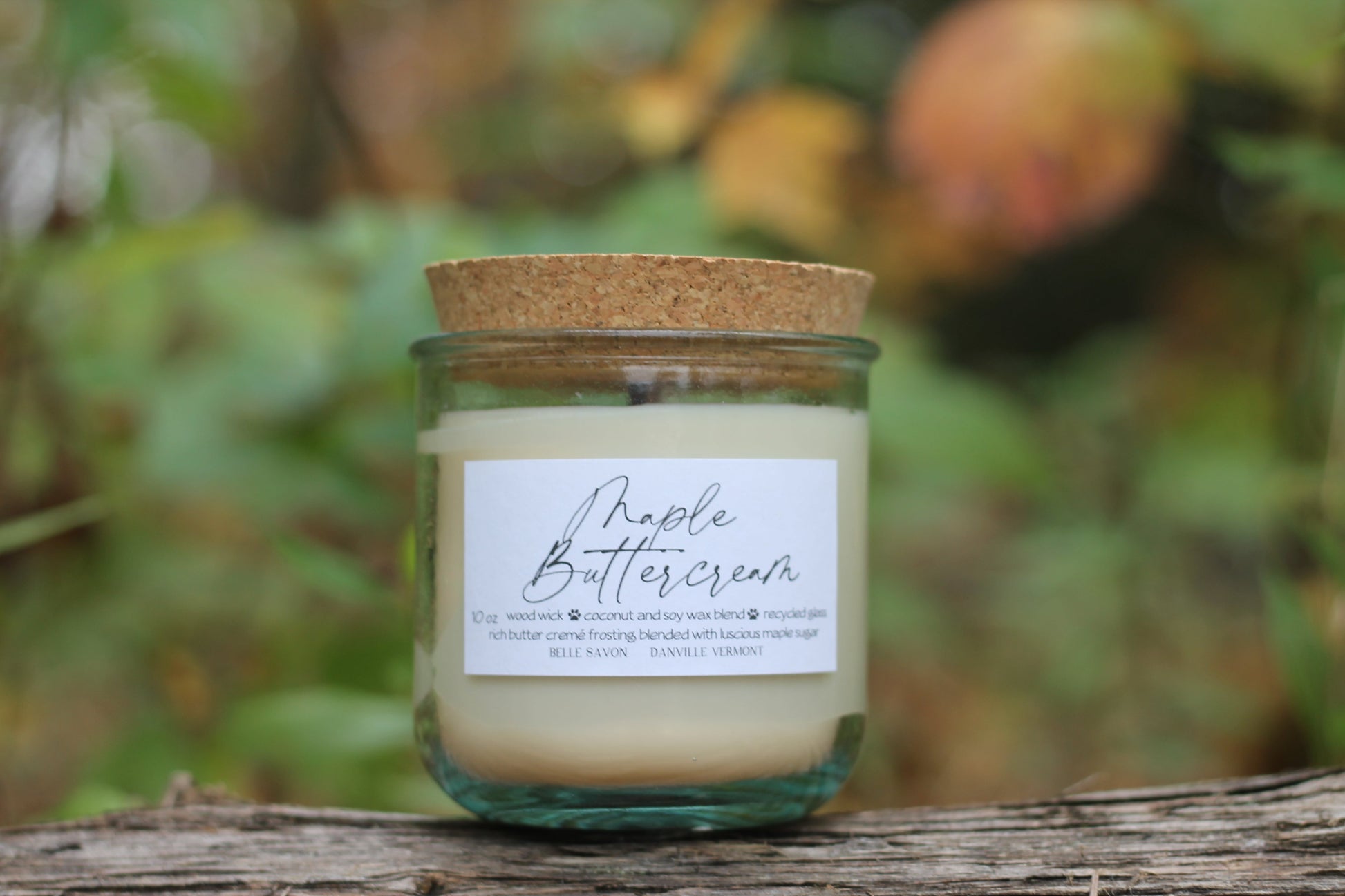 Wooden Wick 10oz Candle, 100% Recycled Glass by Belle Savon Vermont