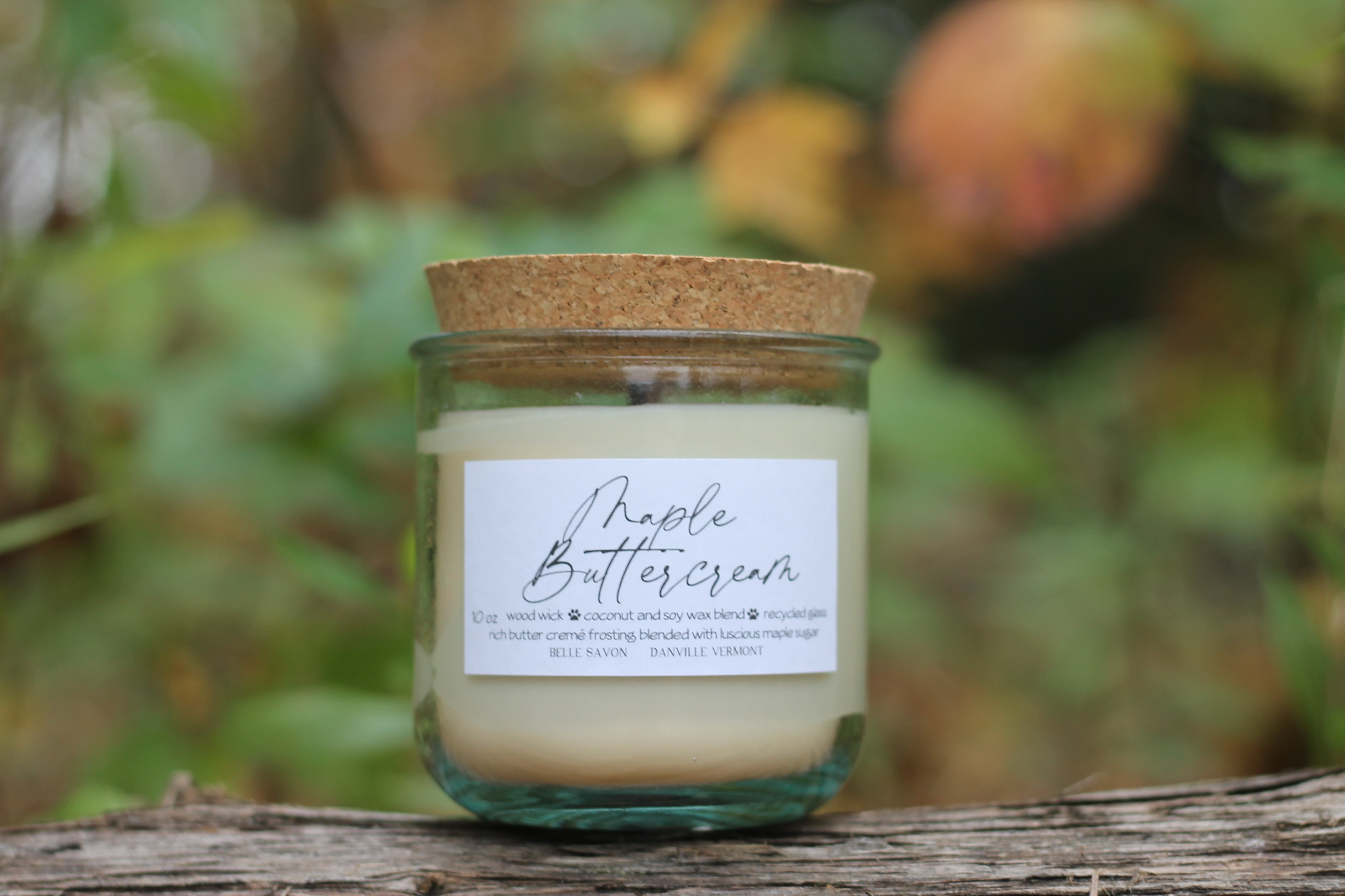 Wooden Wick 10oz Candle, 100% Recycled Glass by Belle Savon Vermont