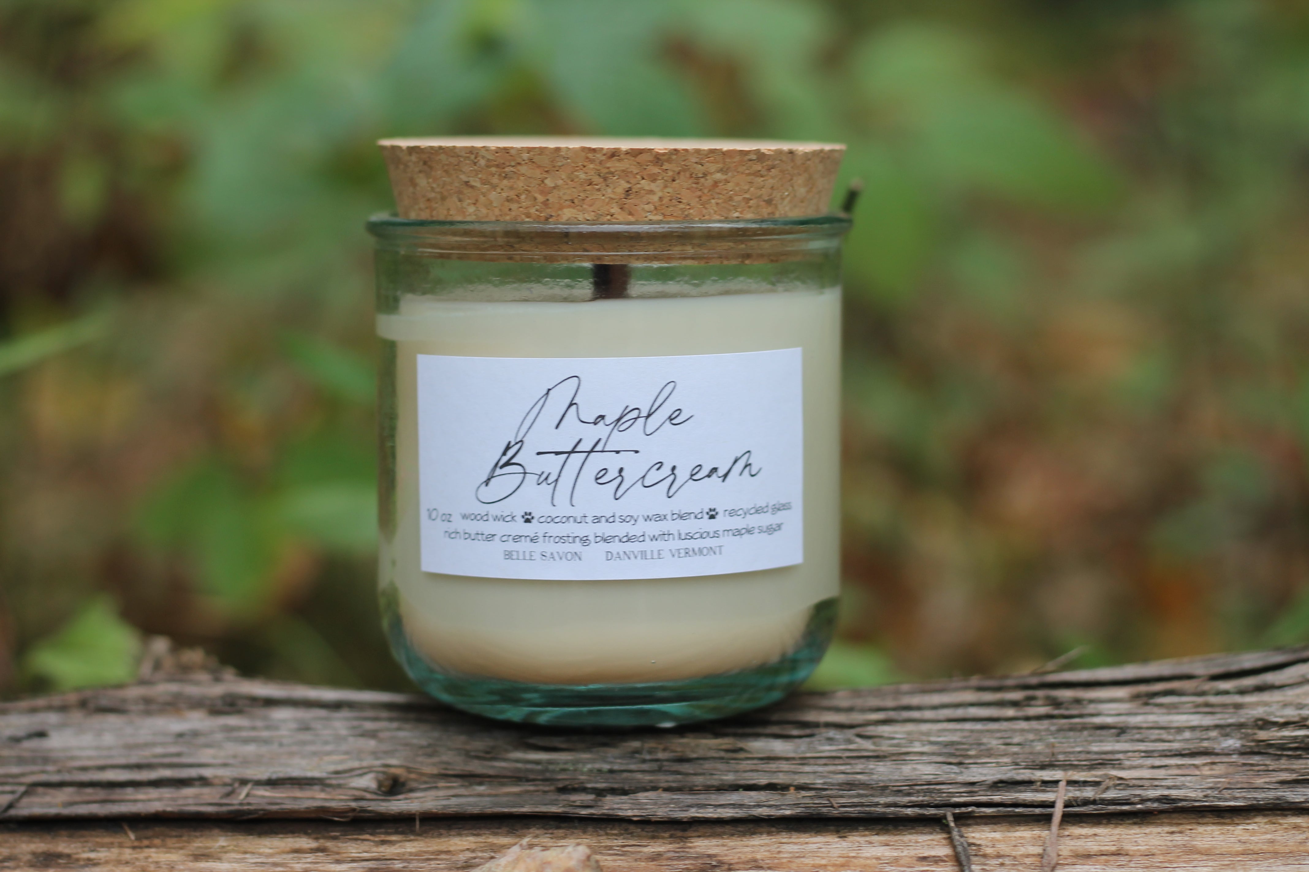 Wooden Wick 10oz Candle, 100% Recycled Glass by Belle Savon Vermont
