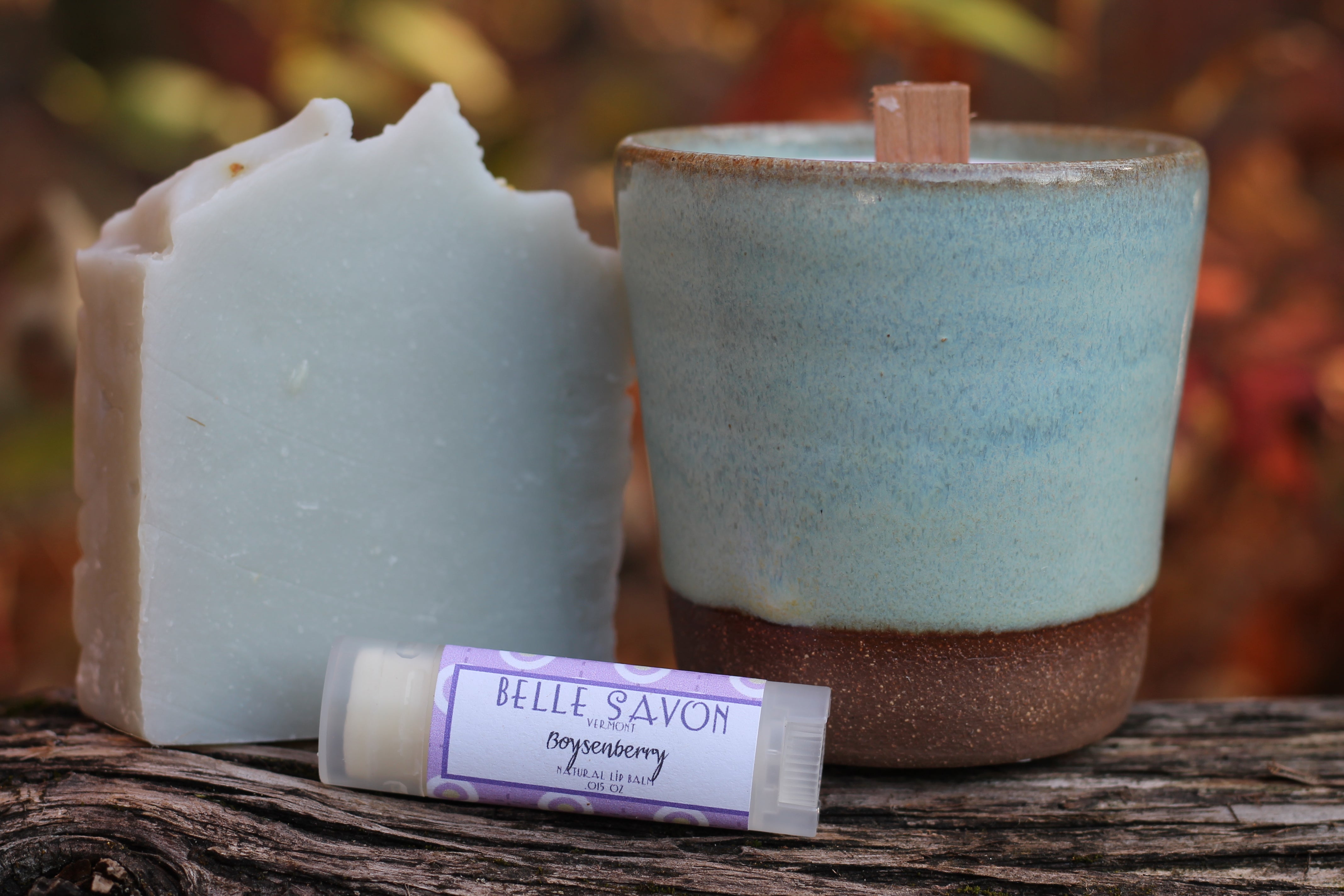 Vermont Handmade Gift Set, Pottery Candle, Artisan Soap and Lip Balm in Wooden Box Bridal Party-Hostess Gift by Belle Savon Vermont