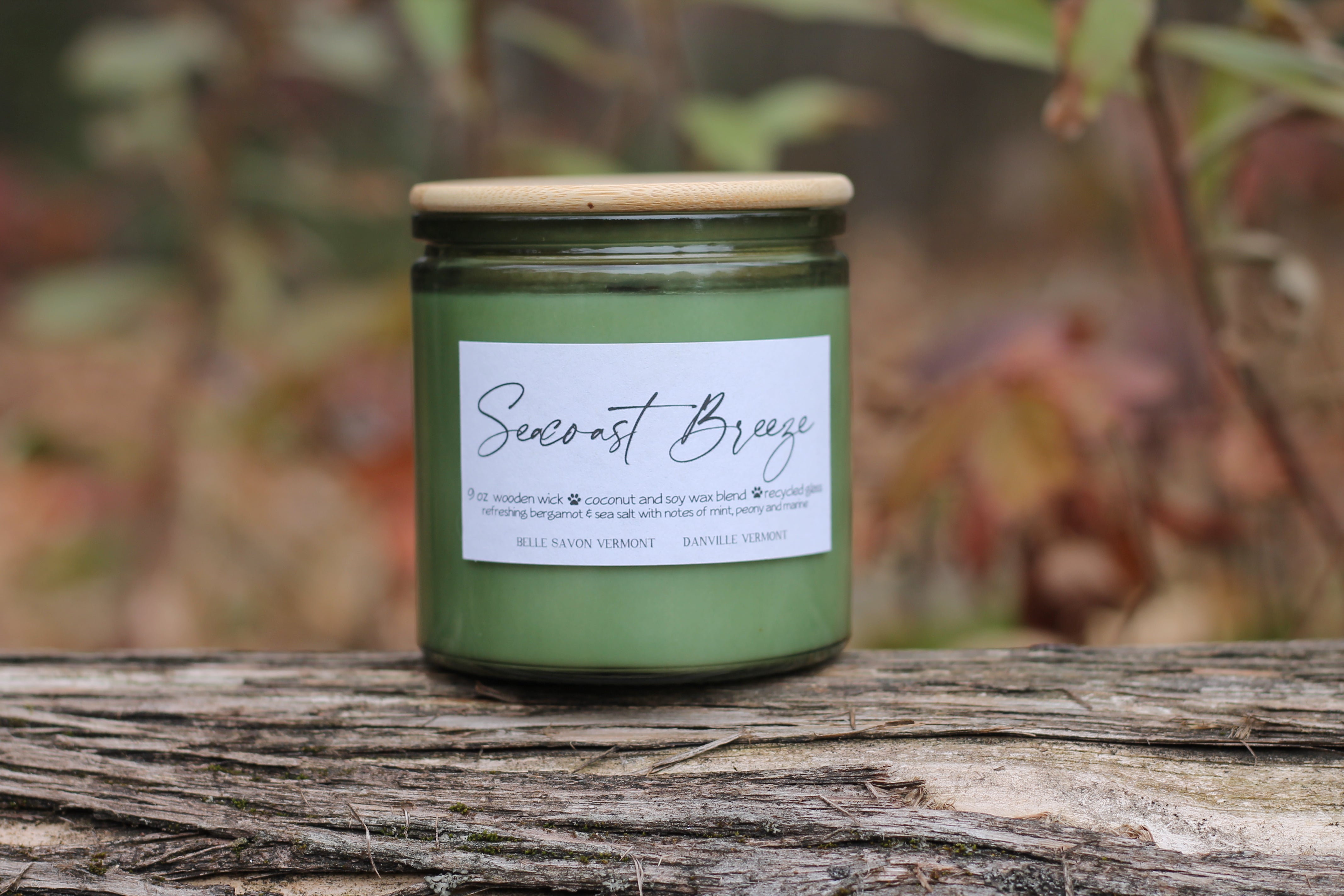 Boho Minimalist Coconut & Soy Container Container, Recycled Glass 9oz Wood Wick by Belle Savon Vermont