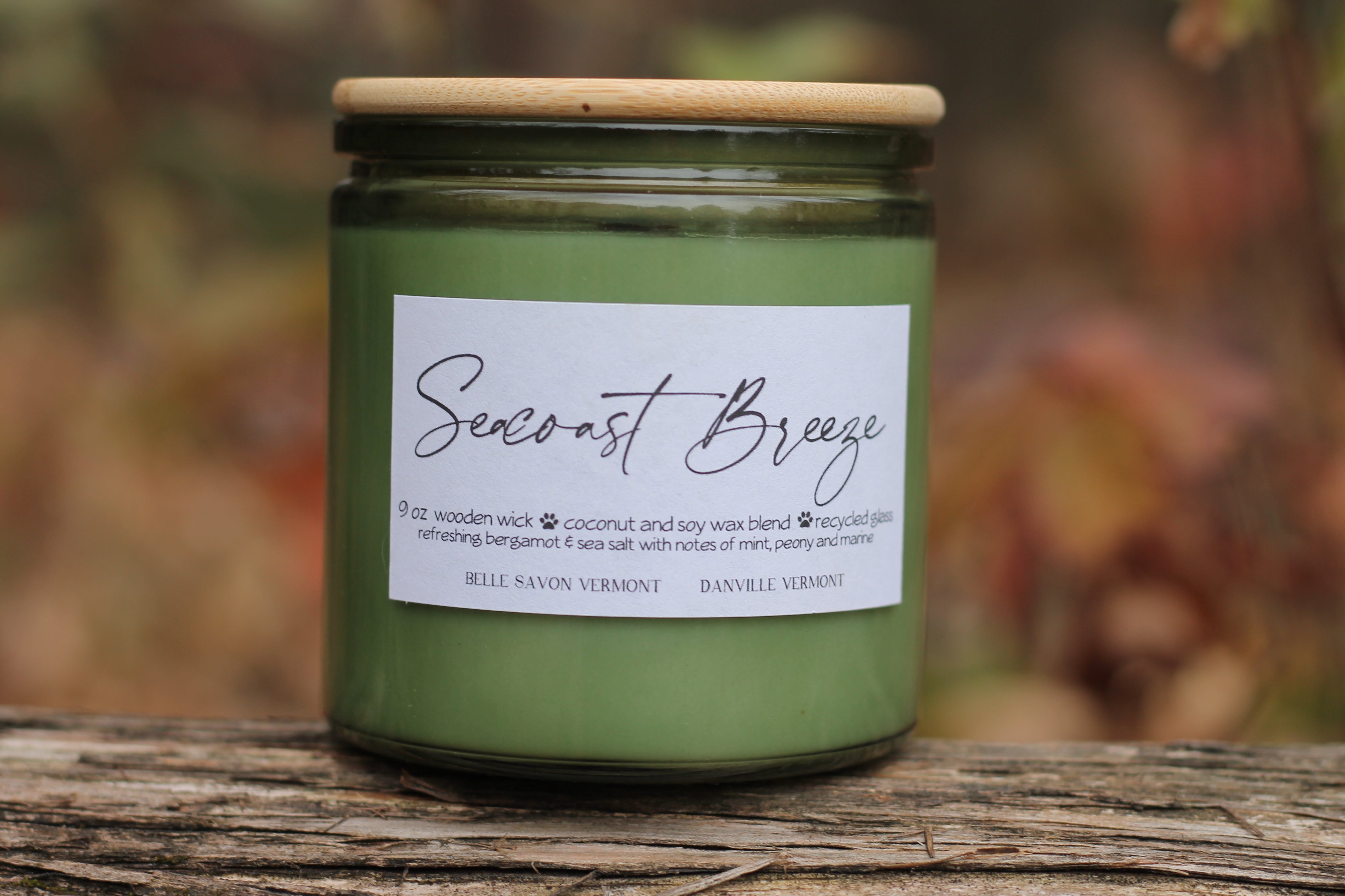 Boho Minimalist Coconut & Soy Container Container, Recycled Glass 9oz Wood Wick by Belle Savon Vermont