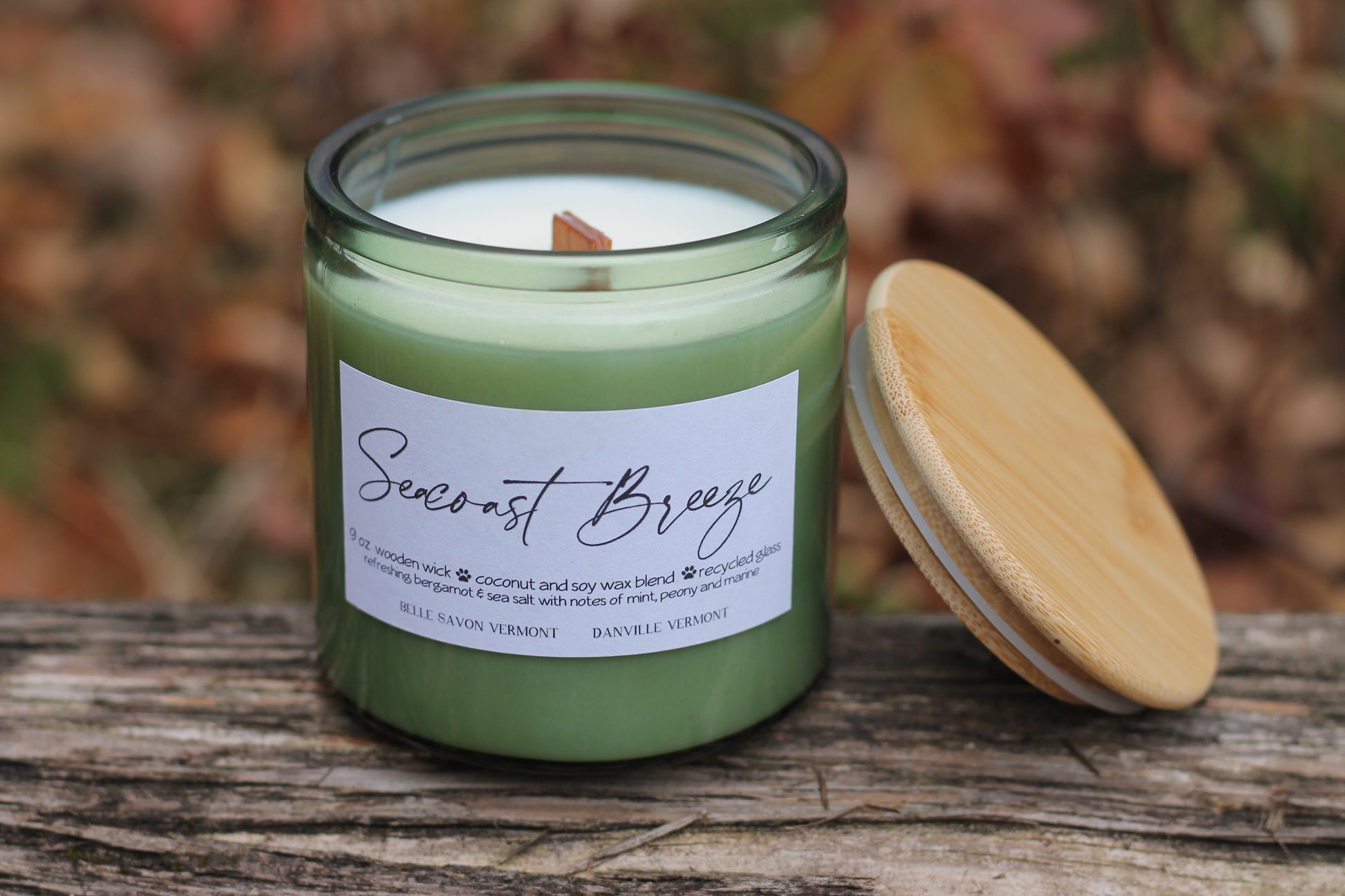 Boho Minimalist Coconut & Soy Container Container, Recycled Glass 9oz Wood Wick by Belle Savon Vermont