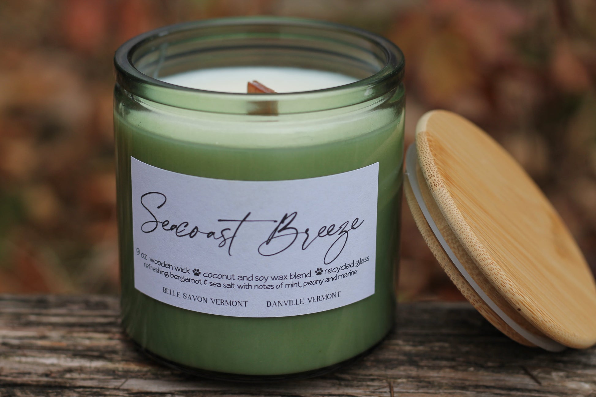 Boho Minimalist Coconut & Soy Container Container, Recycled Glass 9oz Wood Wick by Belle Savon Vermont