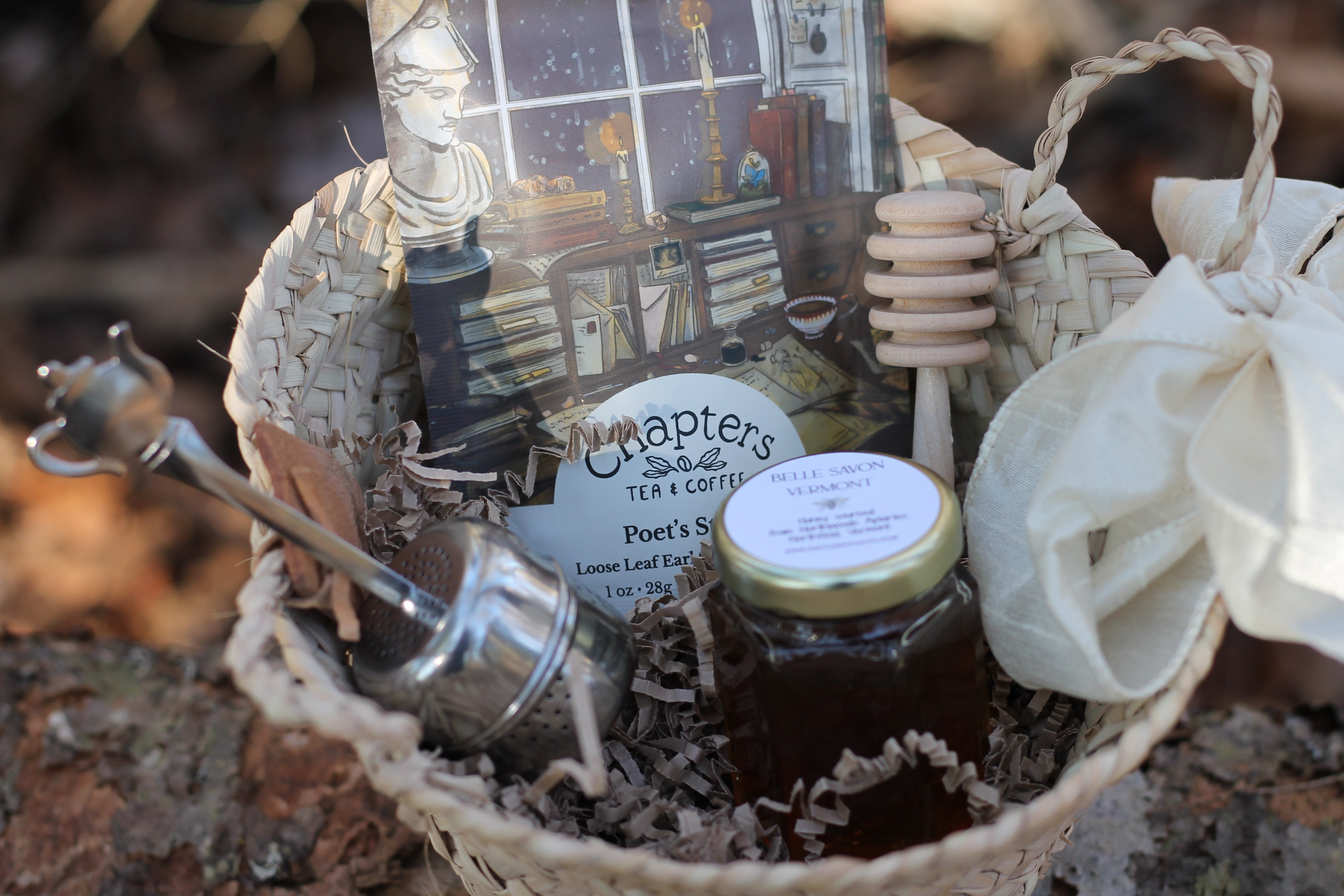 Tea Party Hostess Gift Set-Loose Leaf Tea, Teapot Tea Strainer, Organic Honey, Time Party by Belle Savon Vermont