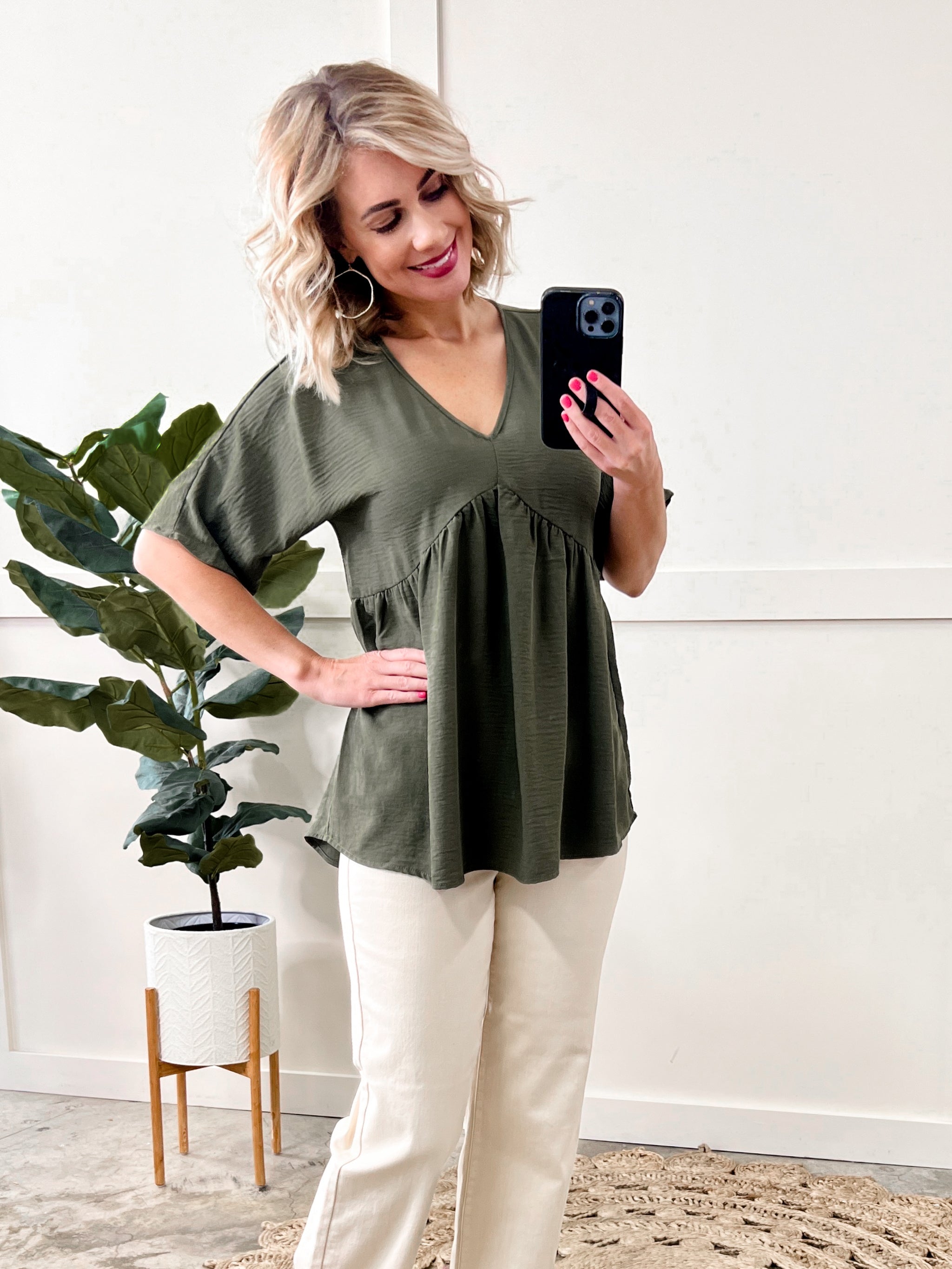 V Neck Babydoll Blouse In Olive by SidePony Boutique