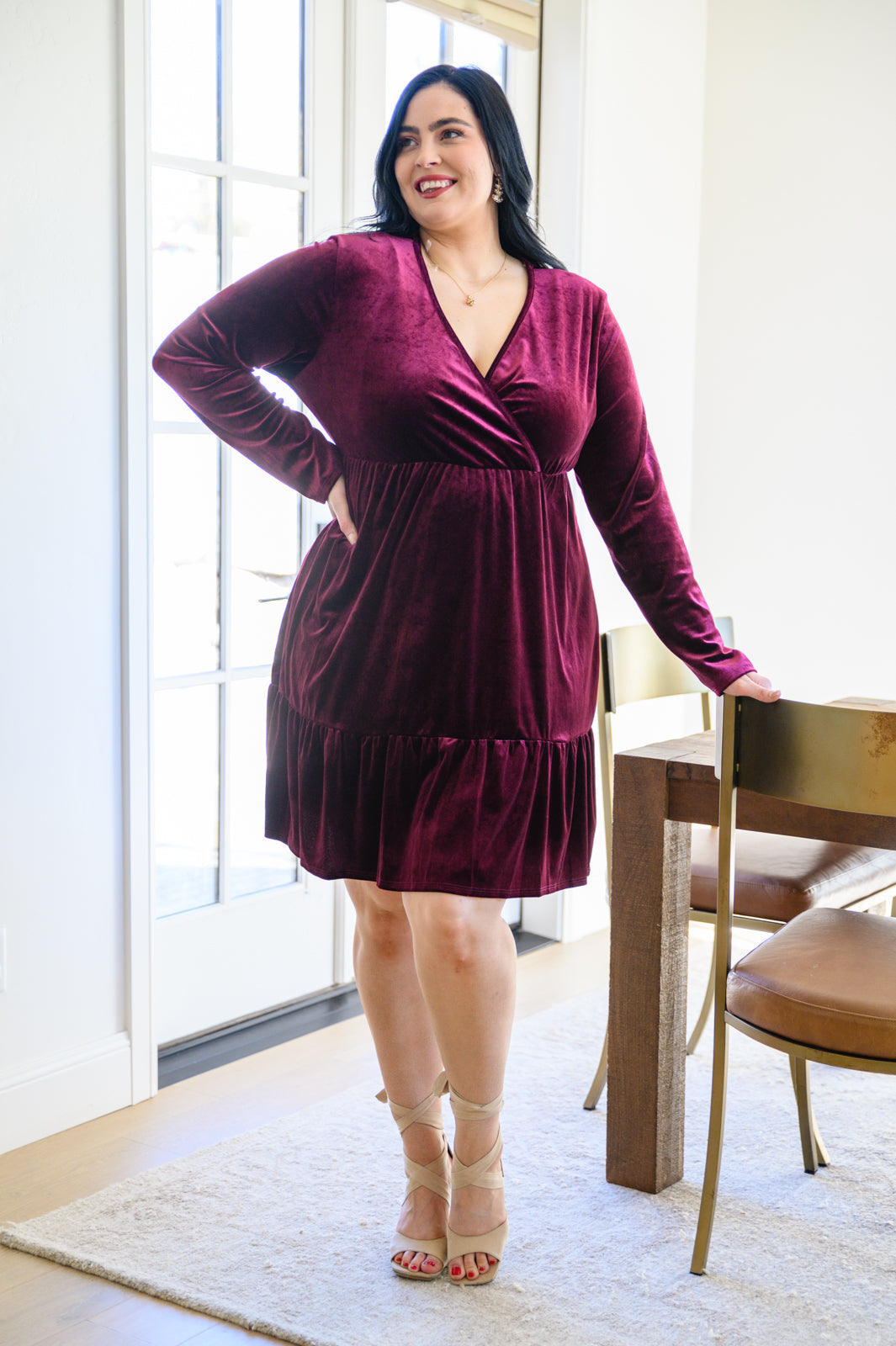 Jentsyn Velvet V-Neck Dress in Wine by SidePony Boutique
