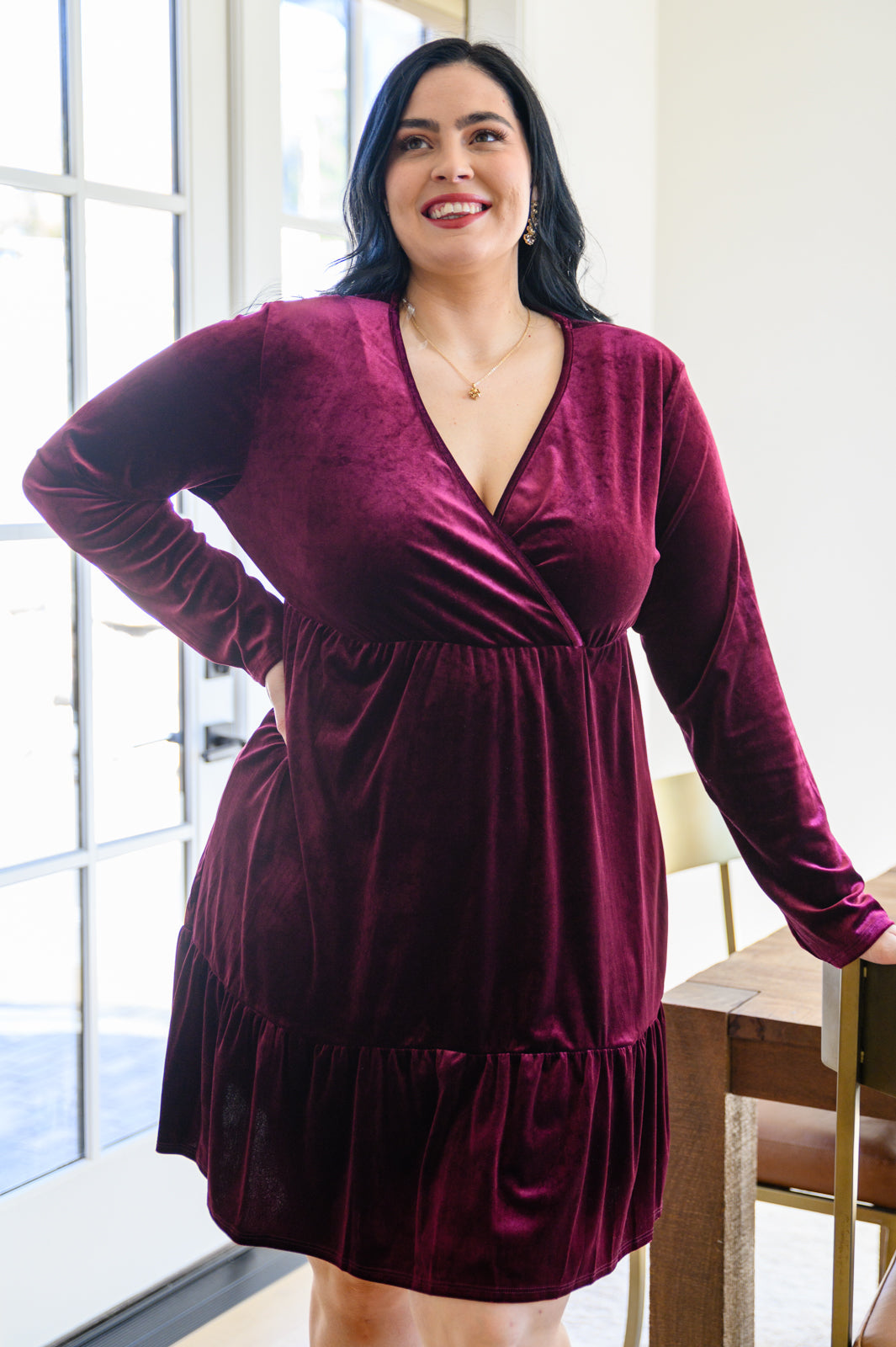 Jentsyn Velvet V-Neck Dress in Wine by SidePony Boutique