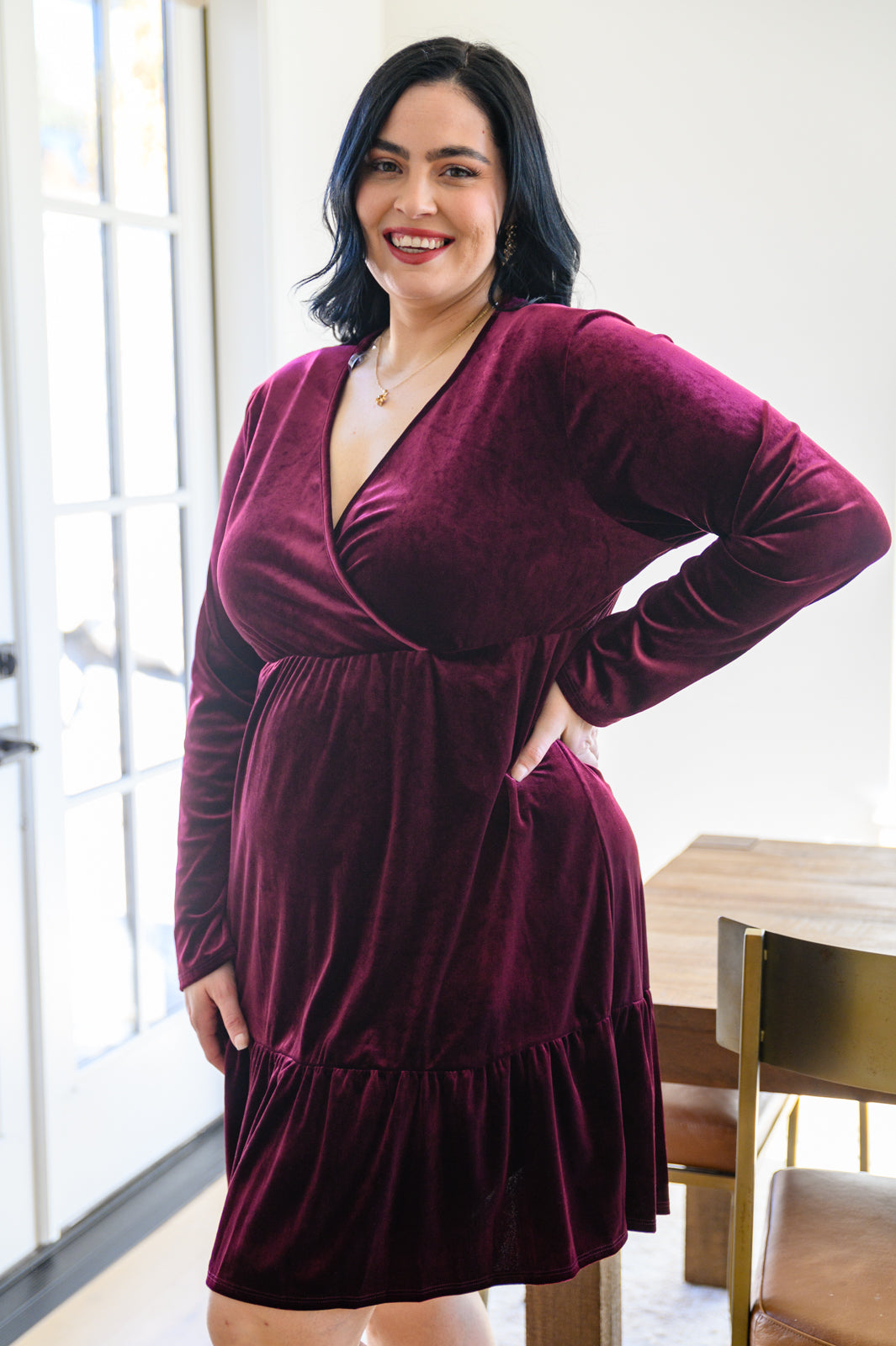 Jentsyn Velvet V-Neck Dress in Wine by SidePony Boutique