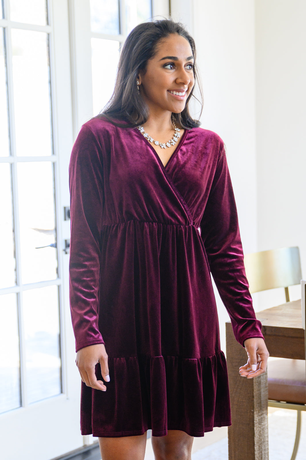 Jentsyn Velvet V-Neck Dress in Wine by SidePony Boutique