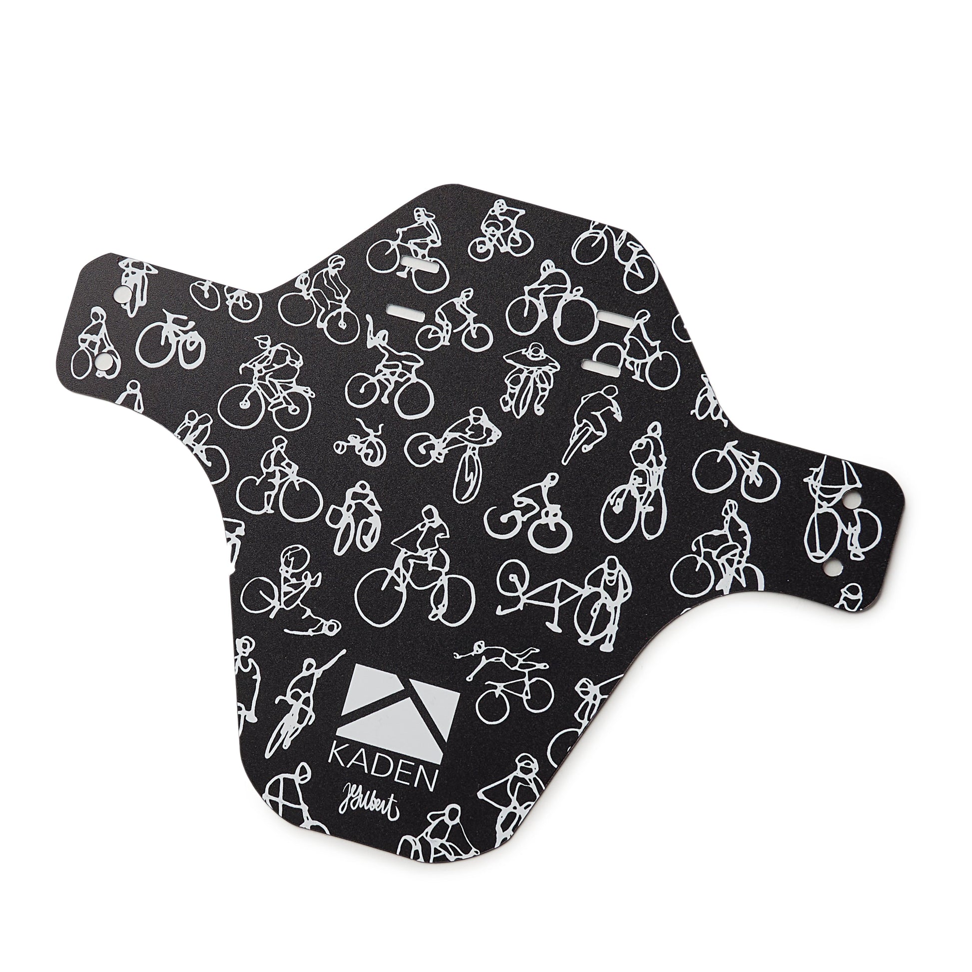 Black protective guard with white bicycle pattern and Kaden logo on a white background