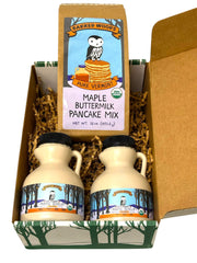 Maple Gift Box with two 8 oz Jugs of Syrup (one Amber Grade and one Dark Grade) and Pancake Mix by Barred Woods Maple