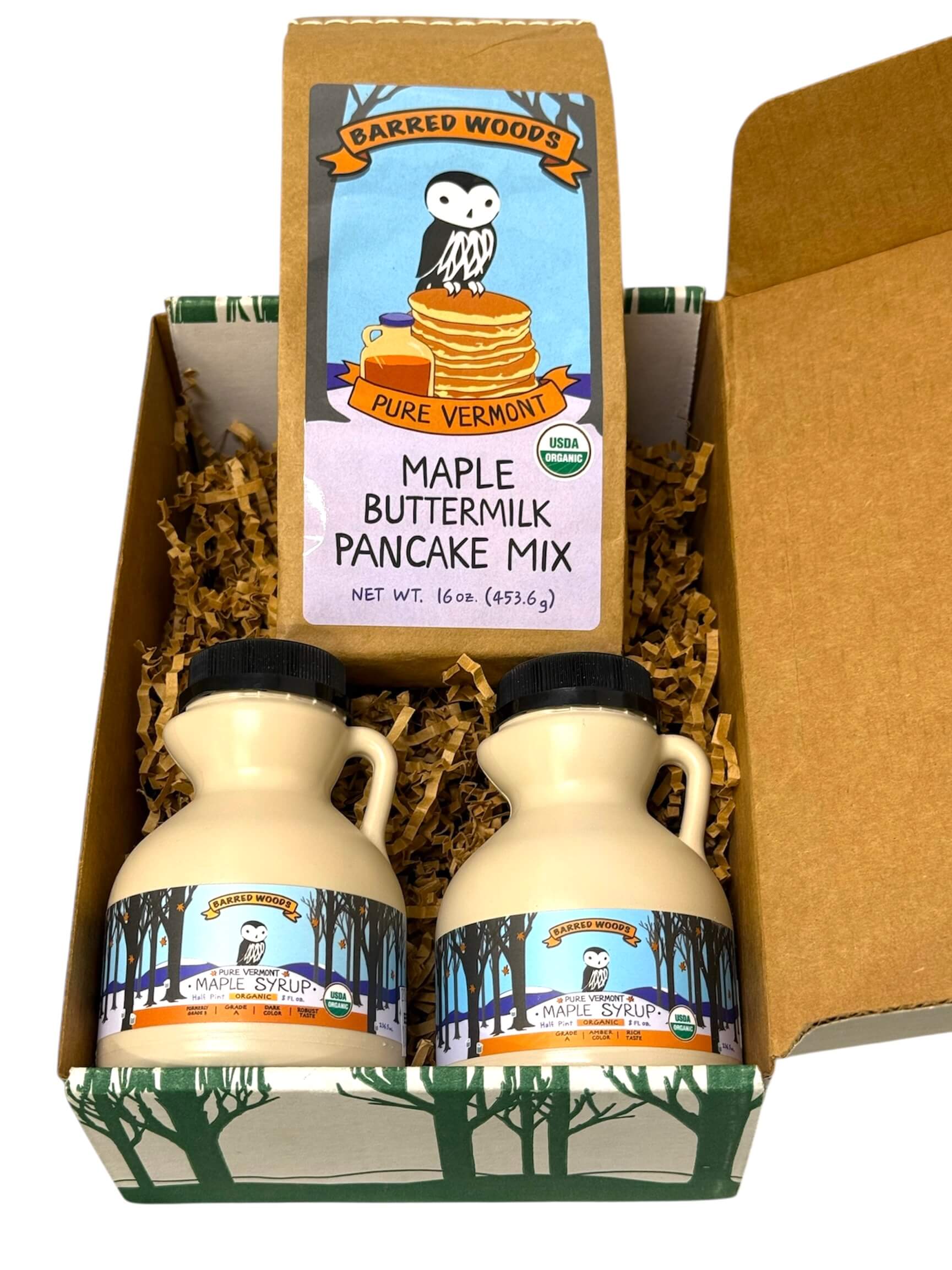 Maple Gift Box with two 8 oz Jugs of Syrup (one Amber Grade and one Dark Grade) and Pancake Mix by Barred Woods Maple